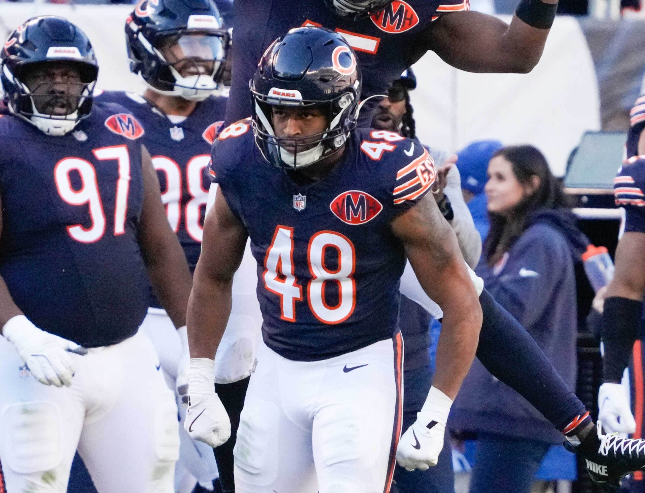 Nov 23, 2025; Chicago, Illinois, USA; Chicago Bears linebacker D'Marco Jackson (48) reacts after a defensive stop during the second half at Soldier Field.