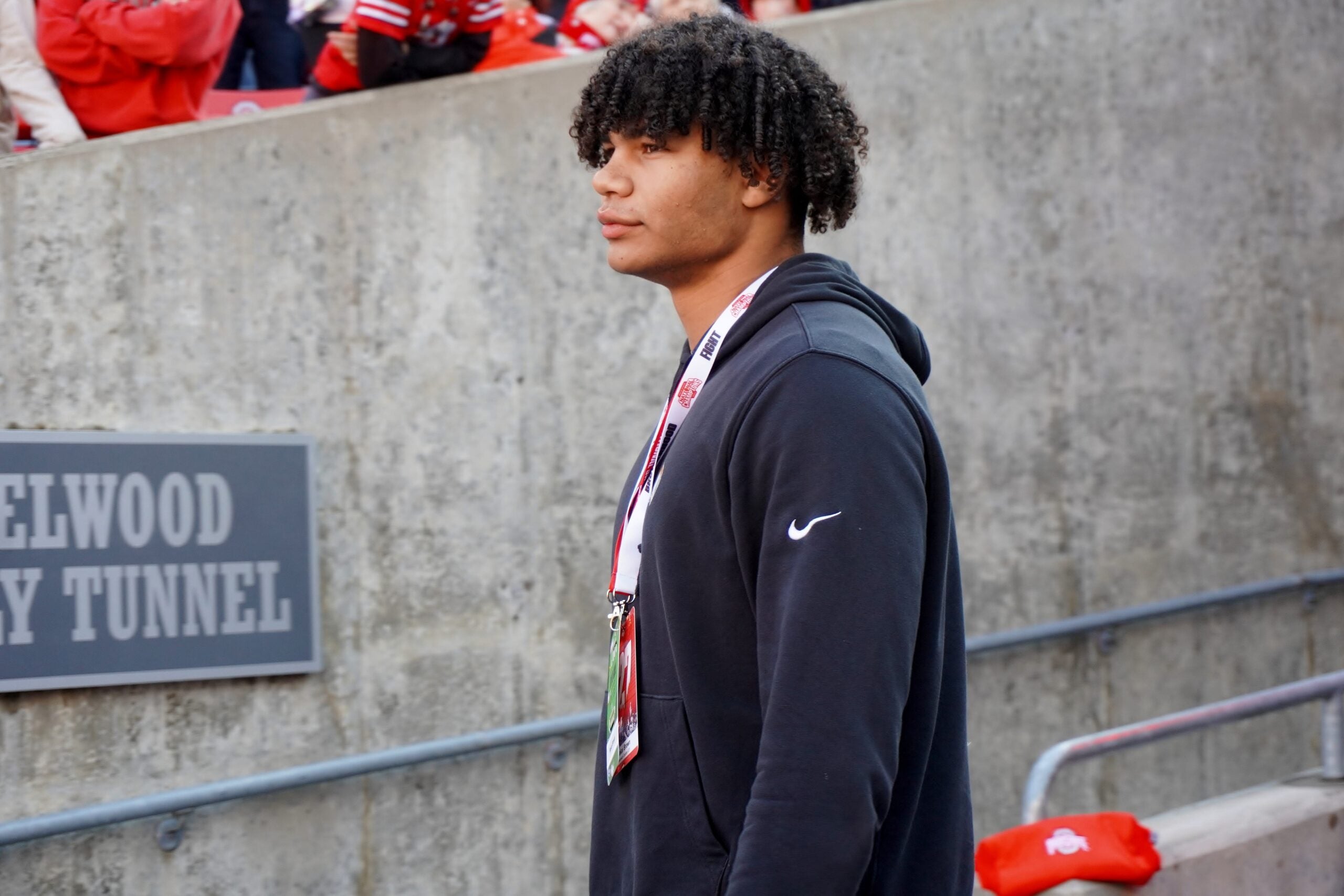 Greenwich Country Day defensive end Mekai Brown visits Ohio Stadium on the day of the Ohio State Buckeyes football game against the Rutgers Scarlet Knights on Nov. 22, 2025.
