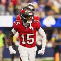 Nov 23, 2025; Inglewood, California, USA; Tampa Bay Buccaneers wide receiver Tez Johnson (15) celebrates after scoring a touchdown against the Los Angeles Rams during the second quarter at SoFi Stadium.