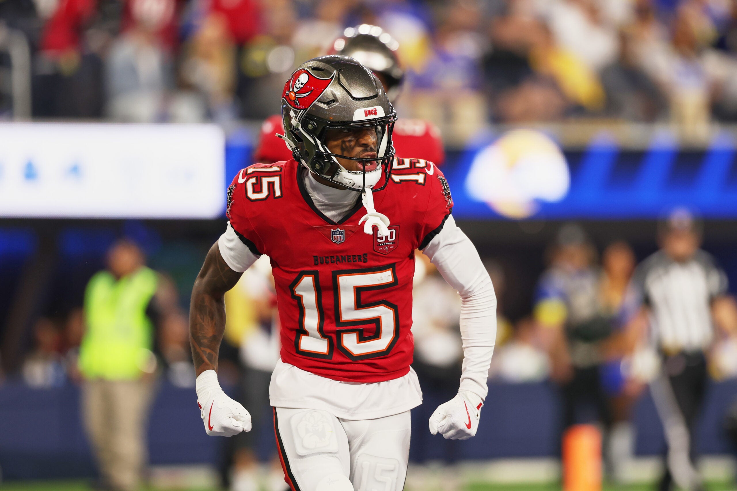 Nov 23, 2025; Inglewood, California, USA; Tampa Bay Buccaneers wide receiver Tez Johnson (15) celebrates after scoring a touchdown against the Los Angeles Rams during the second quarter at SoFi Stadium.