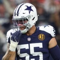 Nov 27, 2025; Arlington, Texas, USA; Dallas Cowboys linebacker Logan Wilson (55) warms up prior to the game against the Kansas City Chiefs at AT&T Stadium.