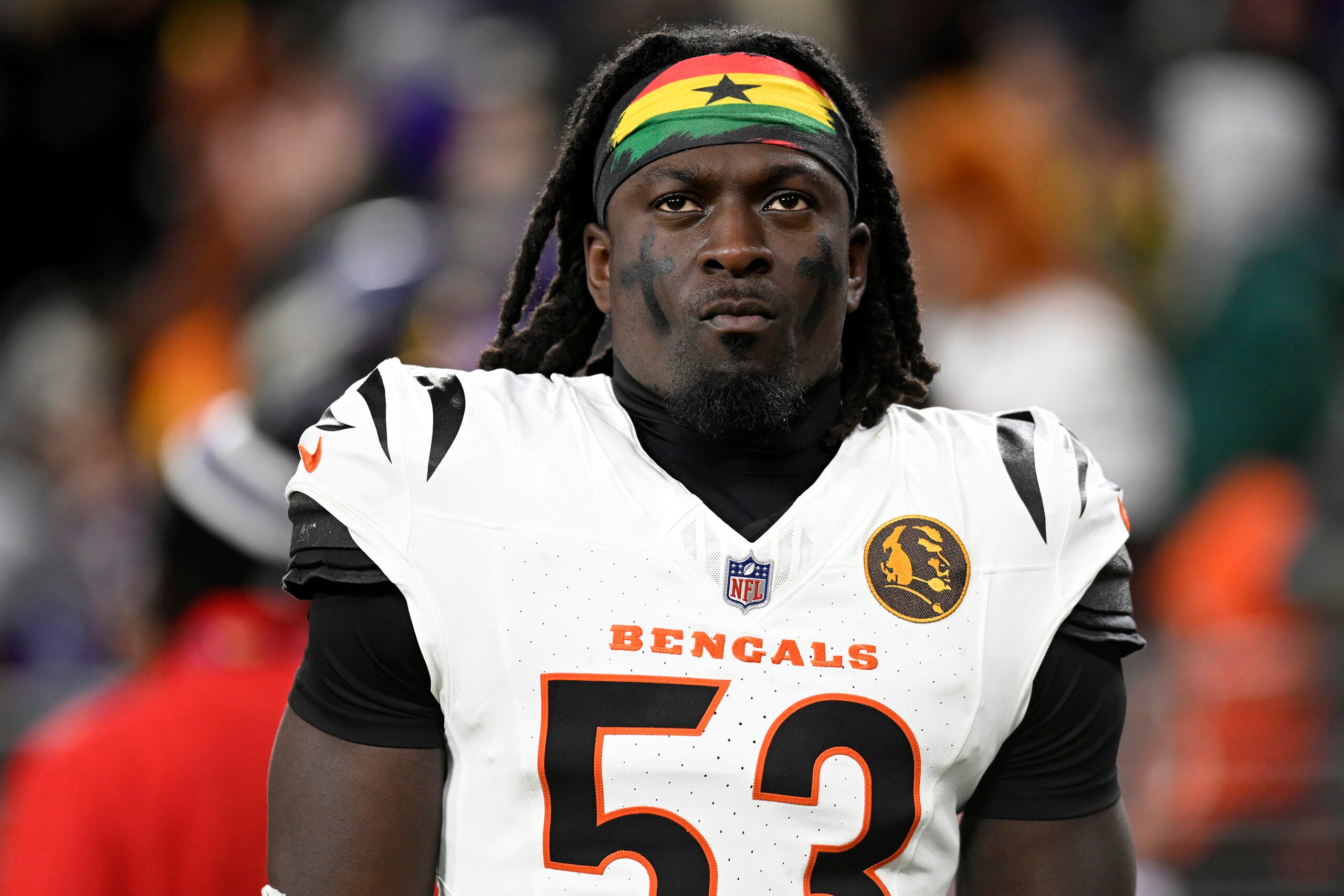 Nov 27, 2025; Baltimore, Maryland, USA; Cincinnati Bengals linebacker Brian Asamoah II (53) during the first half at M&T Bank Stadium.