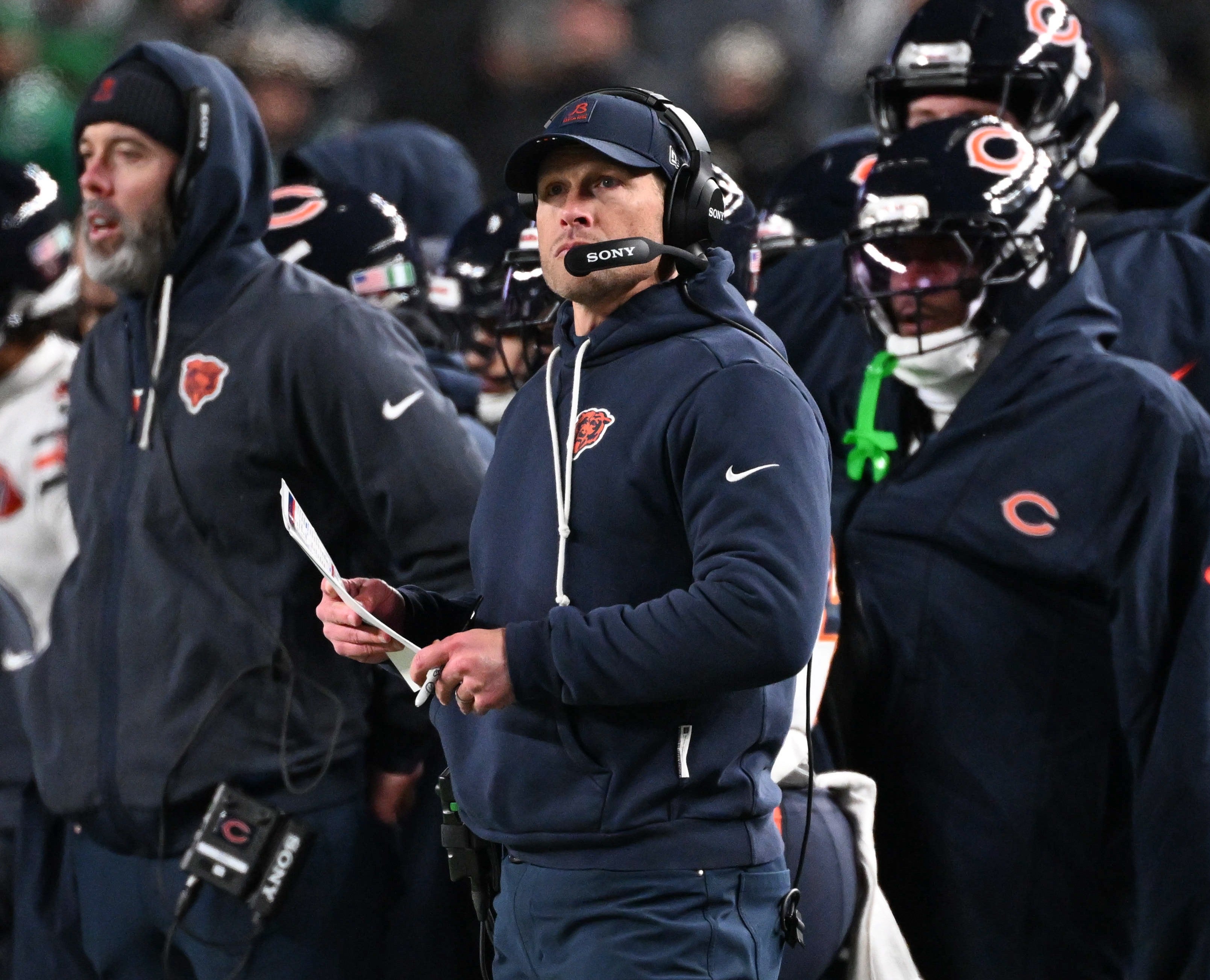 Nov 28, 2025; Philadelphia, Pennsylvania, USA; Chicago Bears head coach Ben Johnson looks on during the fourth quarter of the game against the Chicago Bears at Lincoln Financial Field.