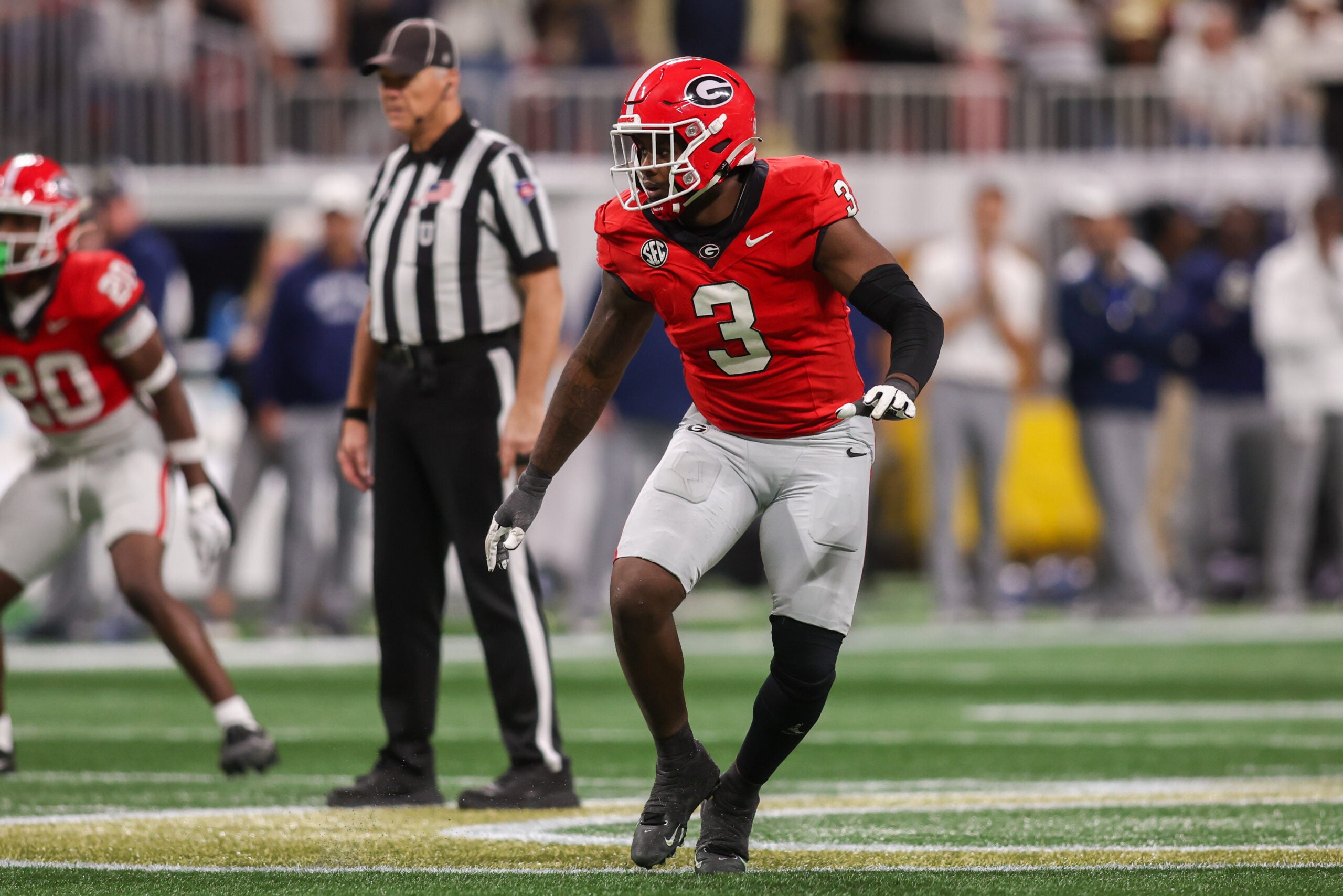 Nov 28, 2025; Atlanta, Georgia, USA; Georgia Bulldogs linebacker CJ Allen (3) in action against the Georgia Tech Yellow Jackets in the fourth quarter at Mercedes-Benz Stadium.