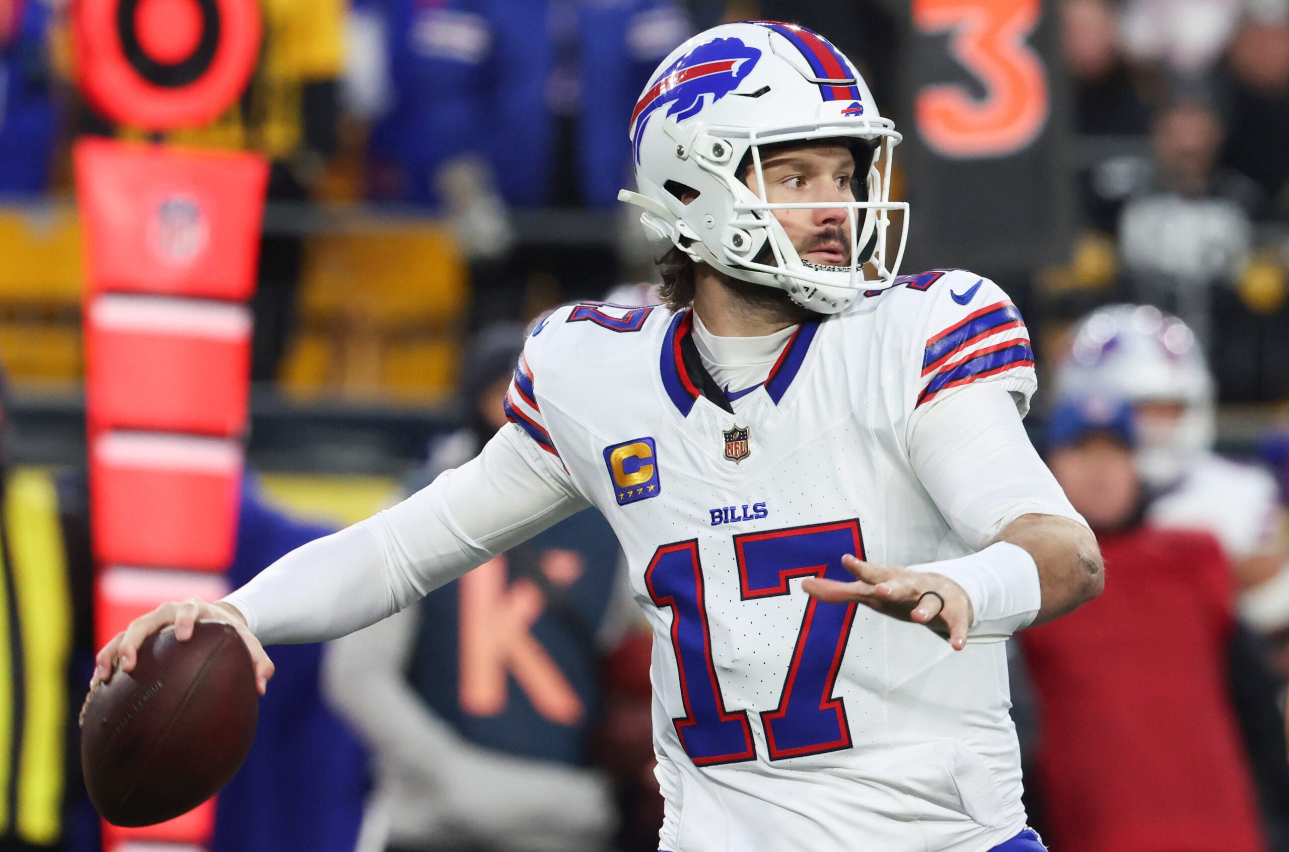 Nov 30, 2025; Pittsburgh, Pennsylvania, USA; Buffalo Bills quarterback Josh Allen (17) looks to pass during the first quarter against the Pittsburgh Steelers at Acrisure Stadium.