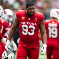 Oct 19, 2025; Glendale, Arizona, USA; Arizona Cardinals defensive lineman Calais Campbell (93) against the Green Bay Packers at State Farm Stadium.