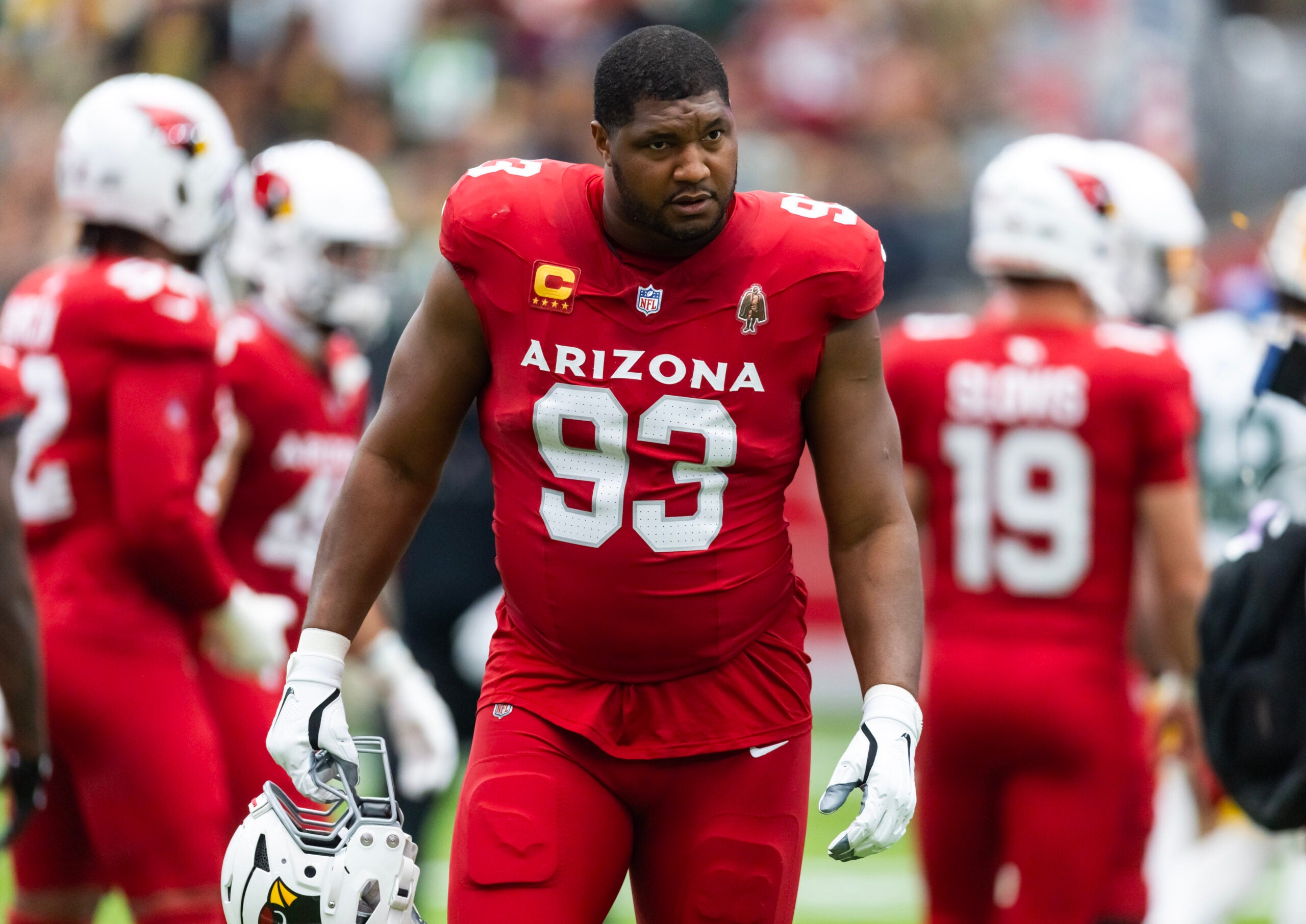 Oct 19, 2025; Glendale, Arizona, USA; Arizona Cardinals defensive lineman Calais Campbell (93) against the Green Bay Packers at State Farm Stadium.