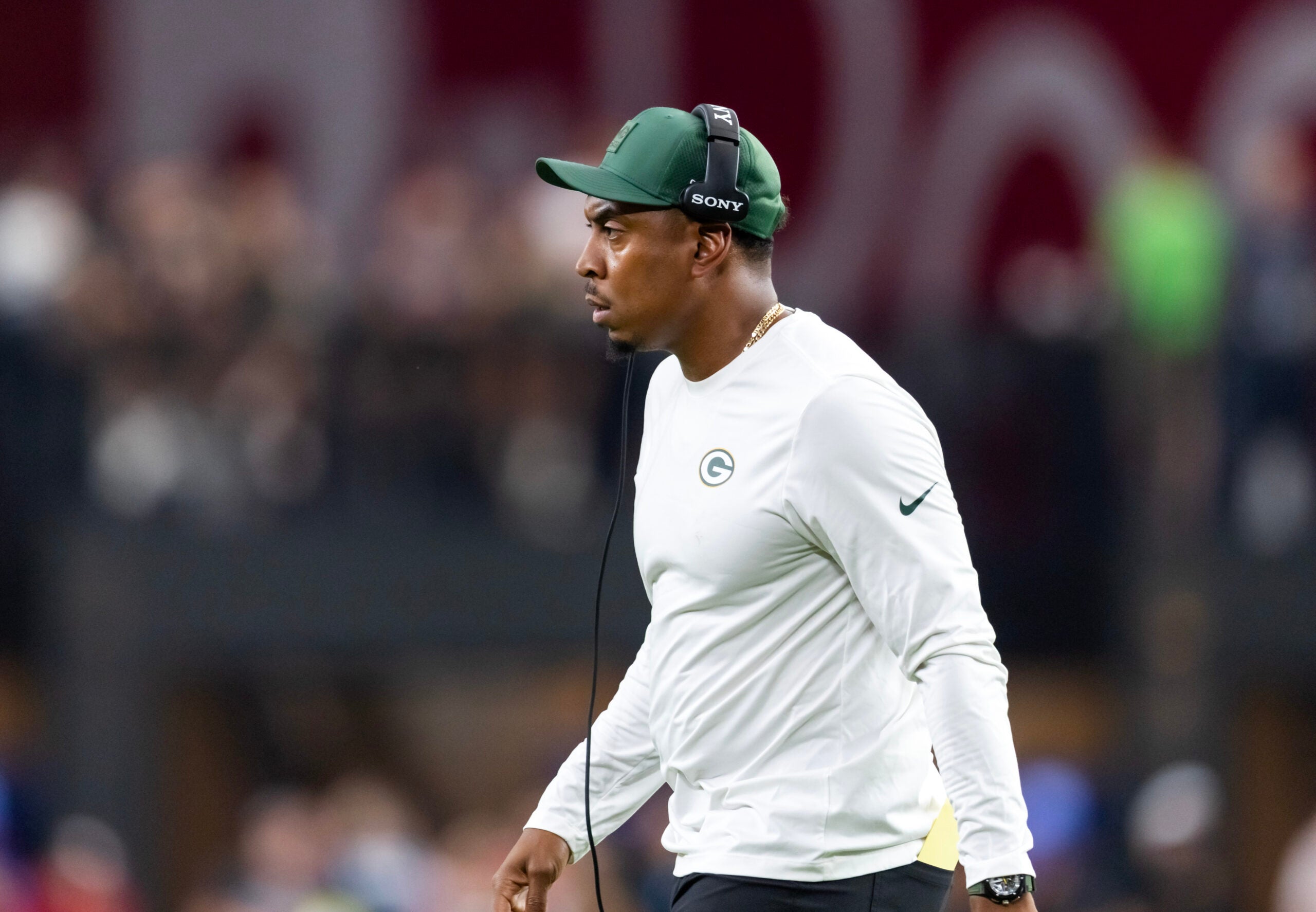 Oct 19, 2025; Glendale, Arizona, USA; Green Bay Packers defensive line coach DeMarcus Covington against the Arizona Cardinals at State Farm Stadium.
