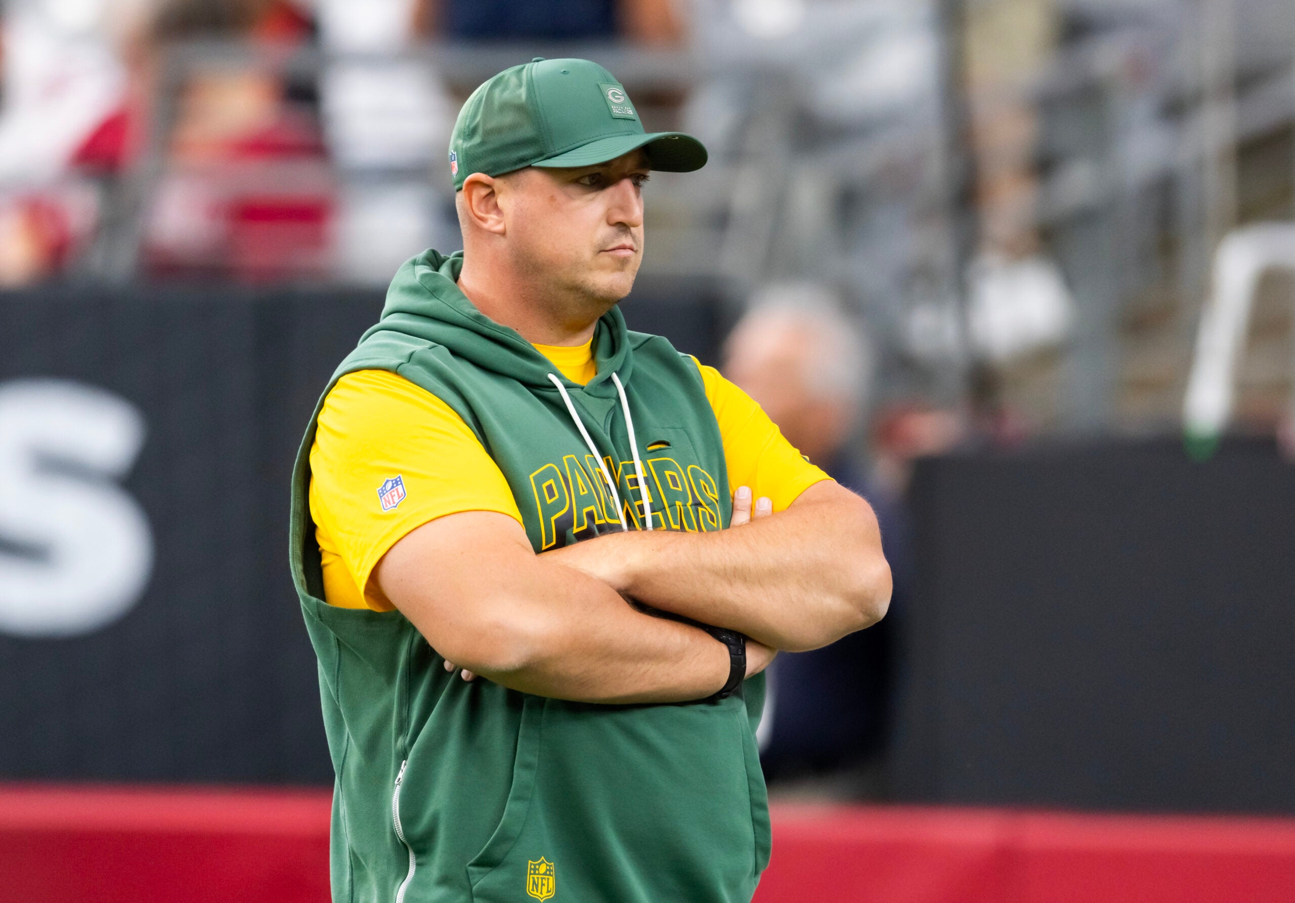 Oct 19, 2025; Glendale, Arizona, USA; Green Bay Packers offensive coordinator Adam Stenavich against the Arizona Cardinals at State Farm Stadium.