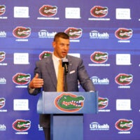 Dec 1, 2025; Gainesville, FL, USA; Florida Gators head coach Jon Sumrall talks during the press conference at the Heavener Football Training Center at the University of Florida.