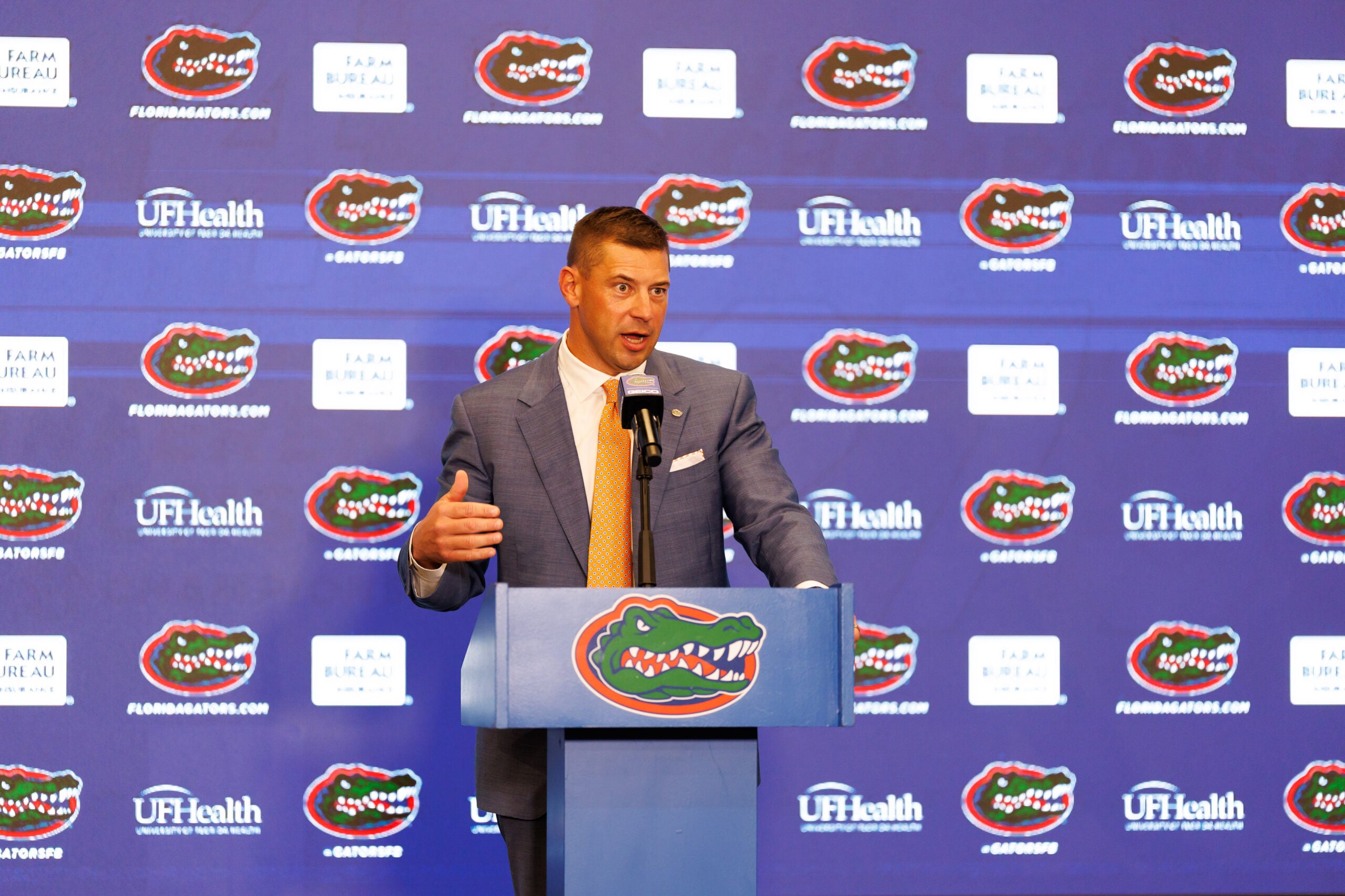 Dec 1, 2025; Gainesville, FL, USA; Florida Gators head coach Jon Sumrall talks during the press conference at the Heavener Football Training Center at the University of Florida.