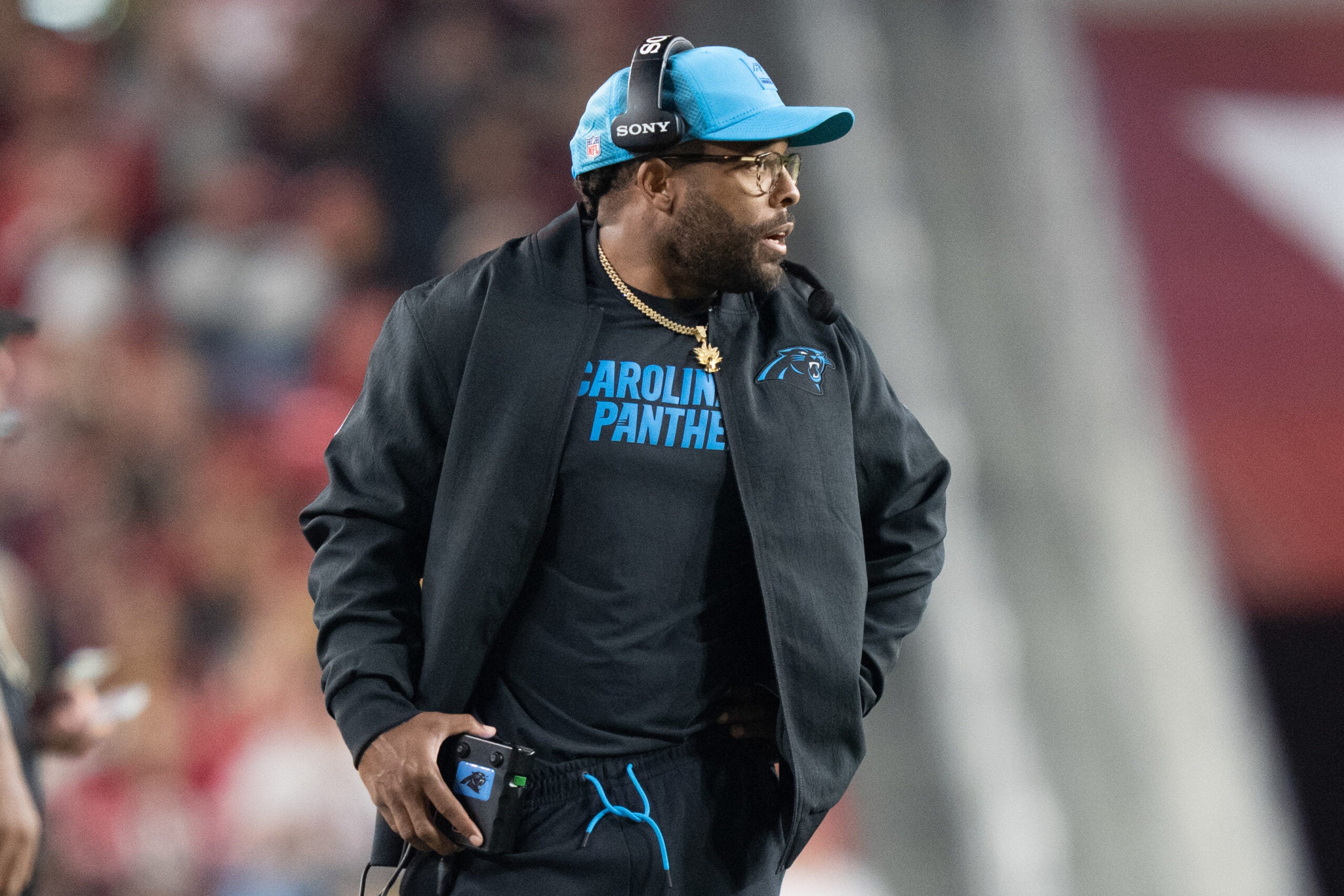 November 24, 2025; Santa Clara, California, USA; Carolina Panthers defensive passing game coordinator Jonathan Cooley during the third quarter against the San Francisco 49ers at Levi's Stadium.