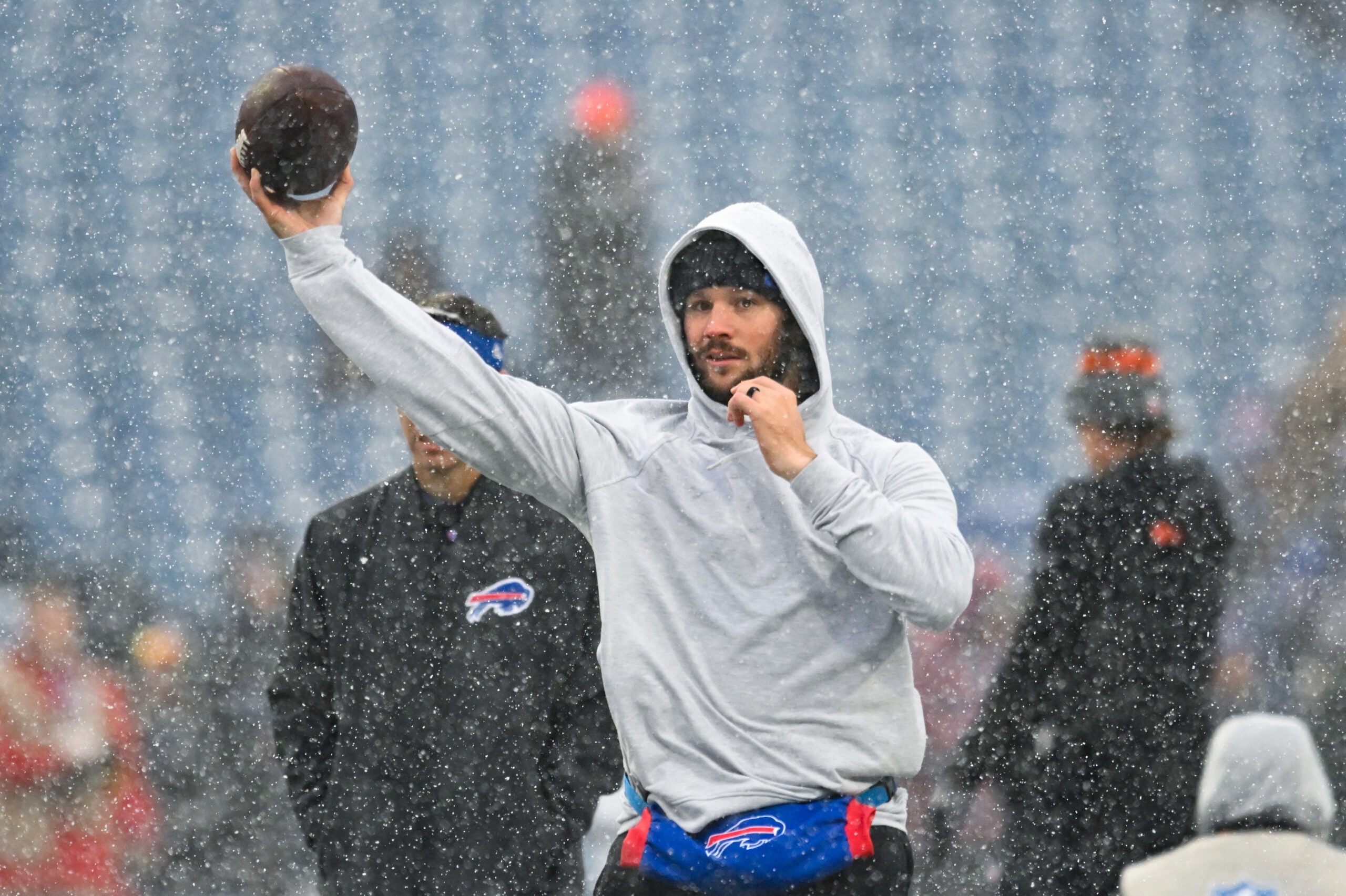 Dec 7, 2025; Orchard Park, New York, USA; Buffalo Bills quarterback Josh Allen (17) warms up before the game against the Cincinnati Bengals at Highmark Stadium.