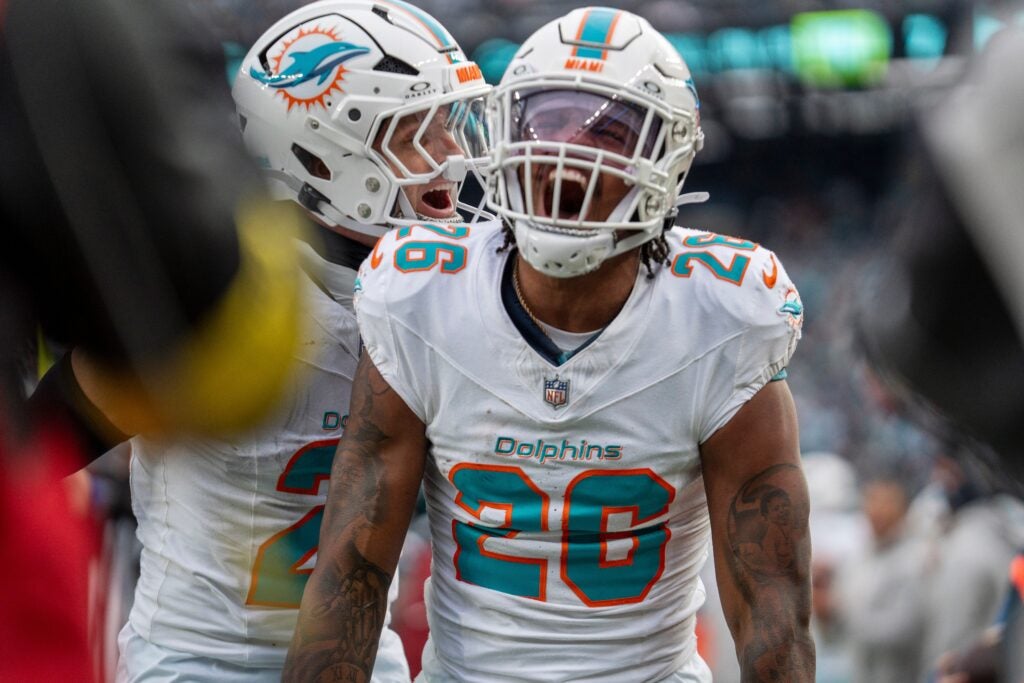 Miami Dolphins defensive back Rasul Douglas (26) celebrates after intercepting a pass during a week 14 football game between the New York Jets and Miami Dolphins at MetLife Stadium on Sunday, Dec. 7, 2025.