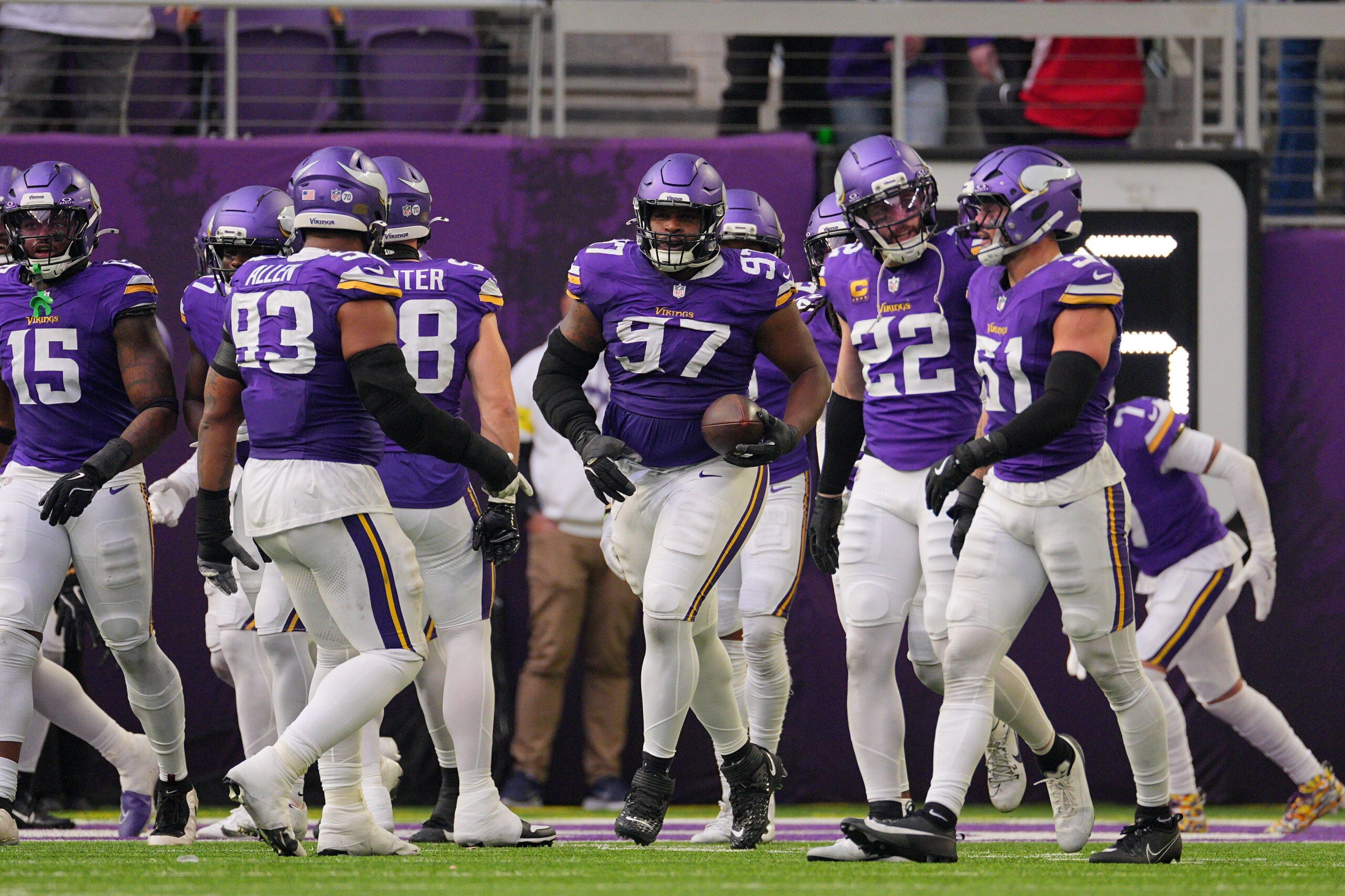 Dec 7, 2025; Minneapolis, Minnesota, USA; Minnesota Vikings nose tackle Javon Hargrave (97) reacts against the Washington Commanders during the second half at U.S. Bank Stadium.