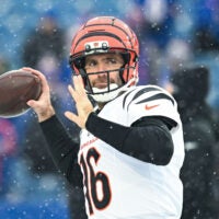 Dec 7, 2025; Orchard Park, New York, USA; Cincinnati Bengals quarterback Joe Flacco (16) warms up before a game against the Buffalo Bills at Highmark Stadium.
