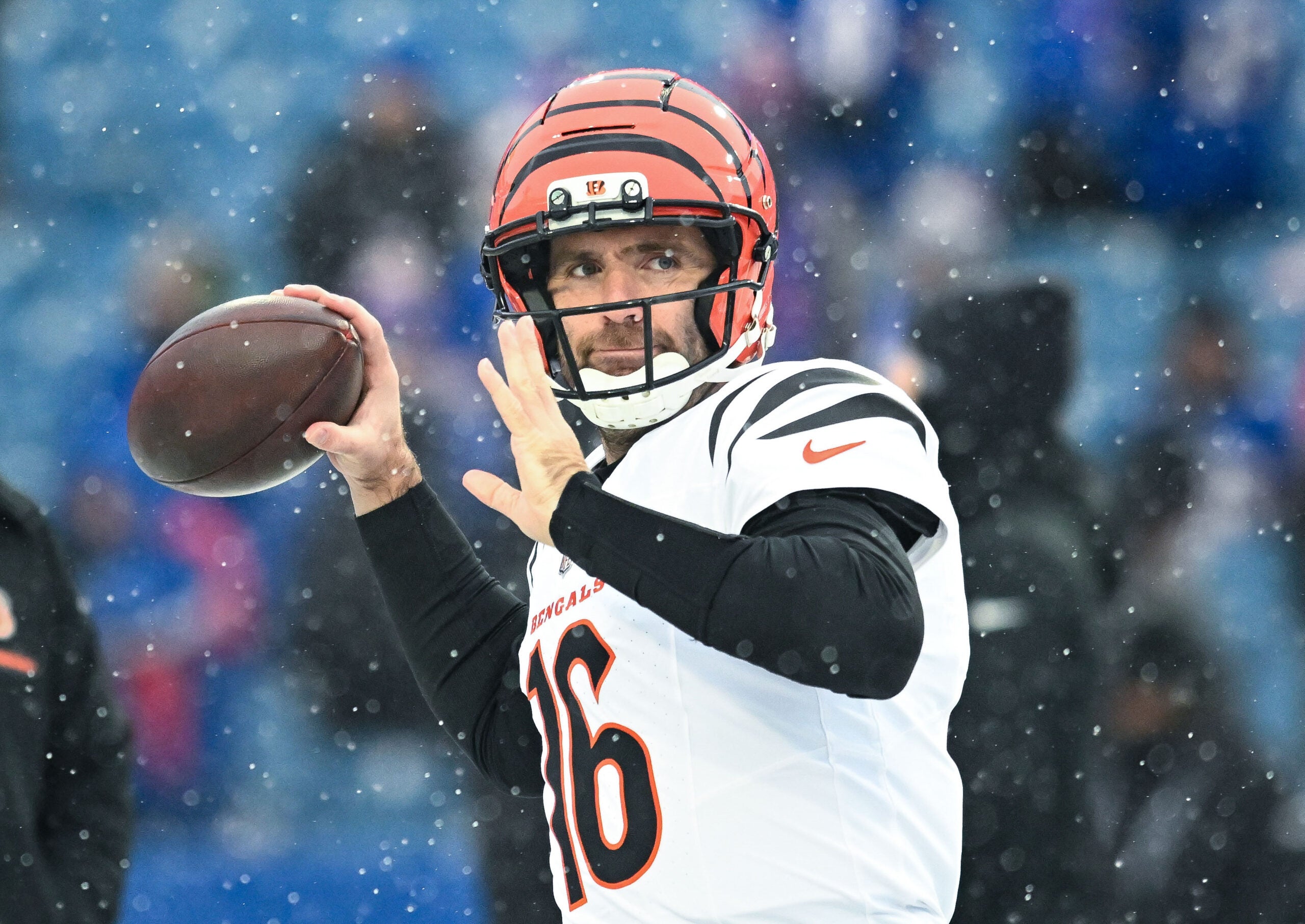 Dec 7, 2025; Orchard Park, New York, USA; Cincinnati Bengals quarterback Joe Flacco (16) warms up before a game against the Buffalo Bills at Highmark Stadium.