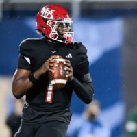 Champ Monds (1) of Vero Beach looks to pass in the FHSAA Class 7A state championship, Dec. 13, 2025, at Pitbull Stadium in Miami.