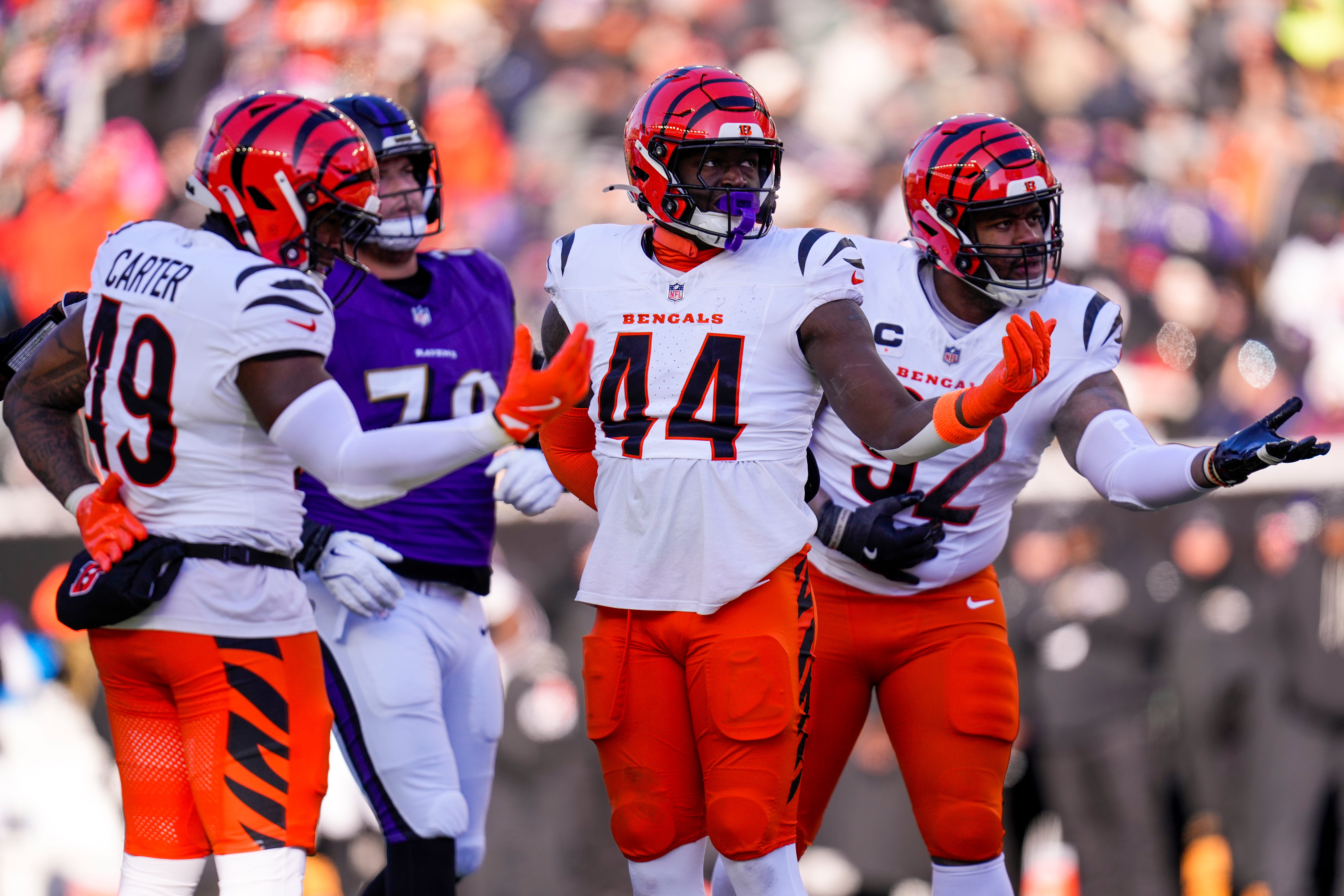 Cincinnati Bengals linebacker Demetrius Knight Jr. (44) celebrates a sack in the first quarter of the NFL Week 15 game between the Cincinnati Bengals and the Baltimore Ravens at Paycor Stadium in Cincinnati on Sunday, Dec. 14, 2025.