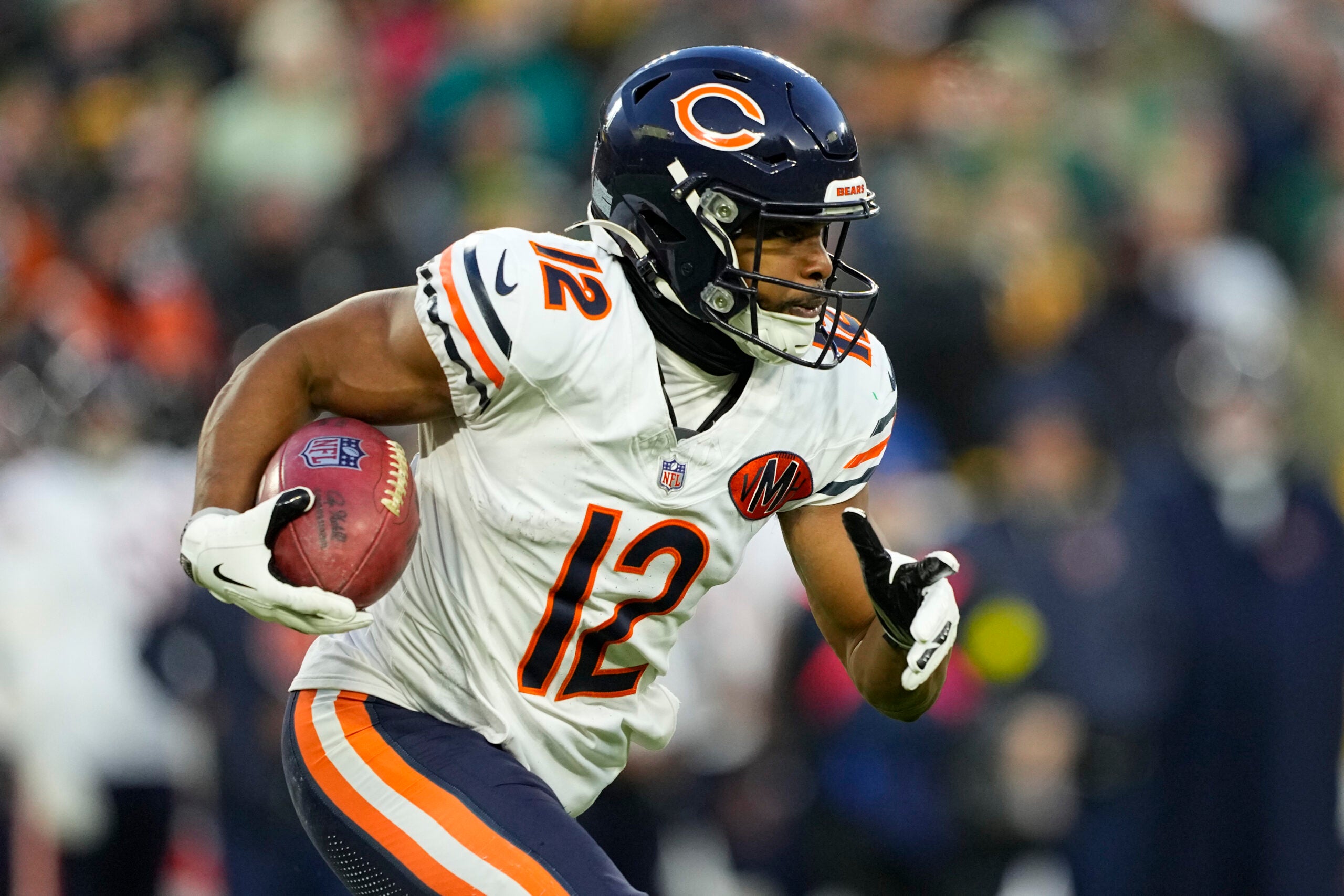 Dec 7, 2025; Green Bay, Wisconsin, USA; Chicago Bears wide receiver Devin Duvernay (12) during the game against the Green Bay Packers at Lambeau Field.