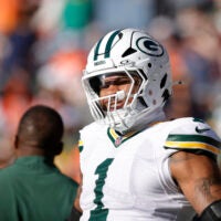 Dec 14, 2025; Denver, Colorado, USA; Green Bay Packers defensive end Micah Parsons (1) warms up before a game against the Denver Broncos at Empower Field at Mile High.