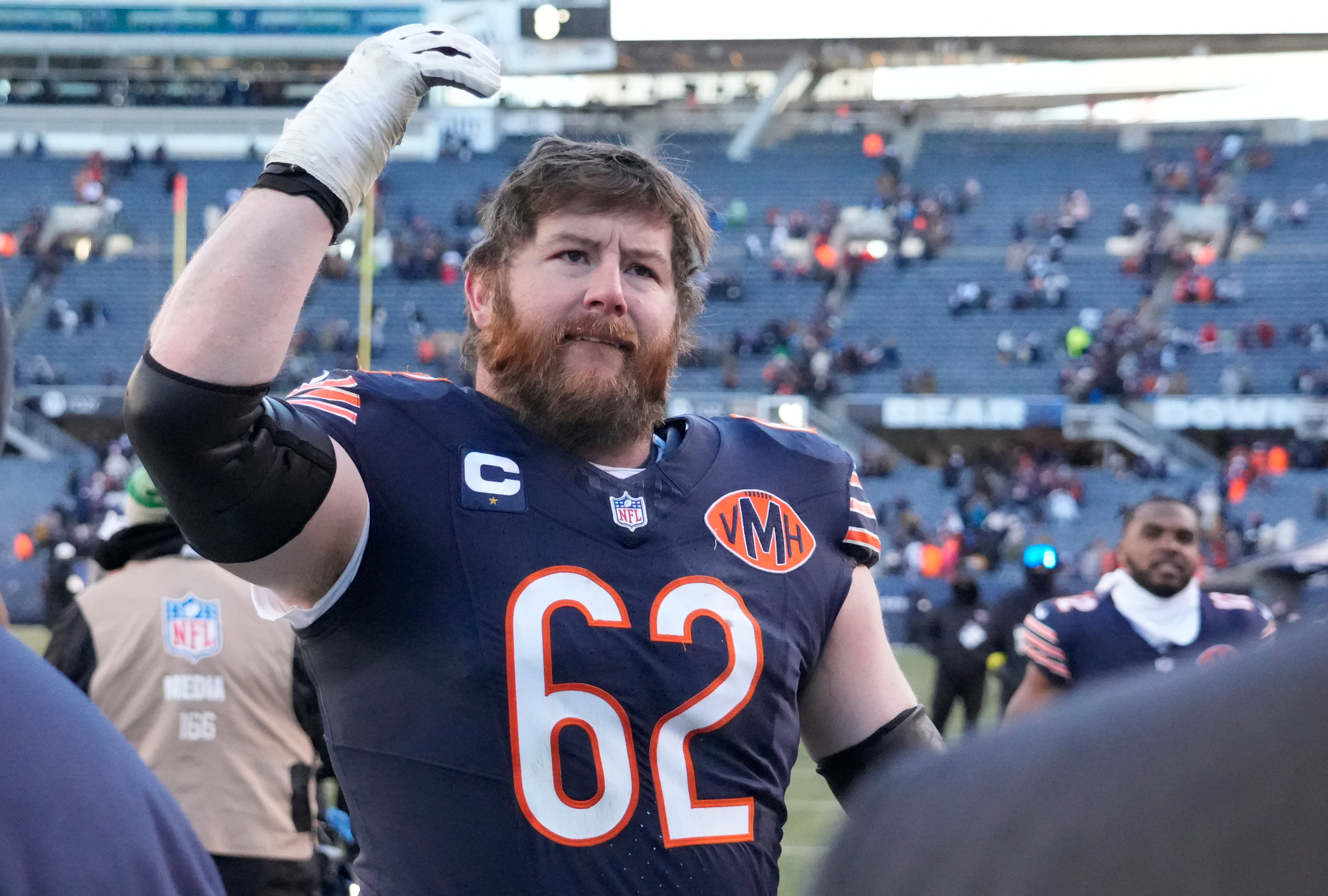 Dec 14, 2025; Chicago, Illinois, USA; Chicago Bears guard Joe Thuney (62) celebrates after defeating the Cleveland Browns at Soldier Field.