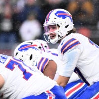Dec 14, 2025; Foxborough, Massachusetts, USA; Buffalo Bills quarterback Josh Allen (17) prepares for a snap against the New England Patriots during the second half at Gillette Stadium.