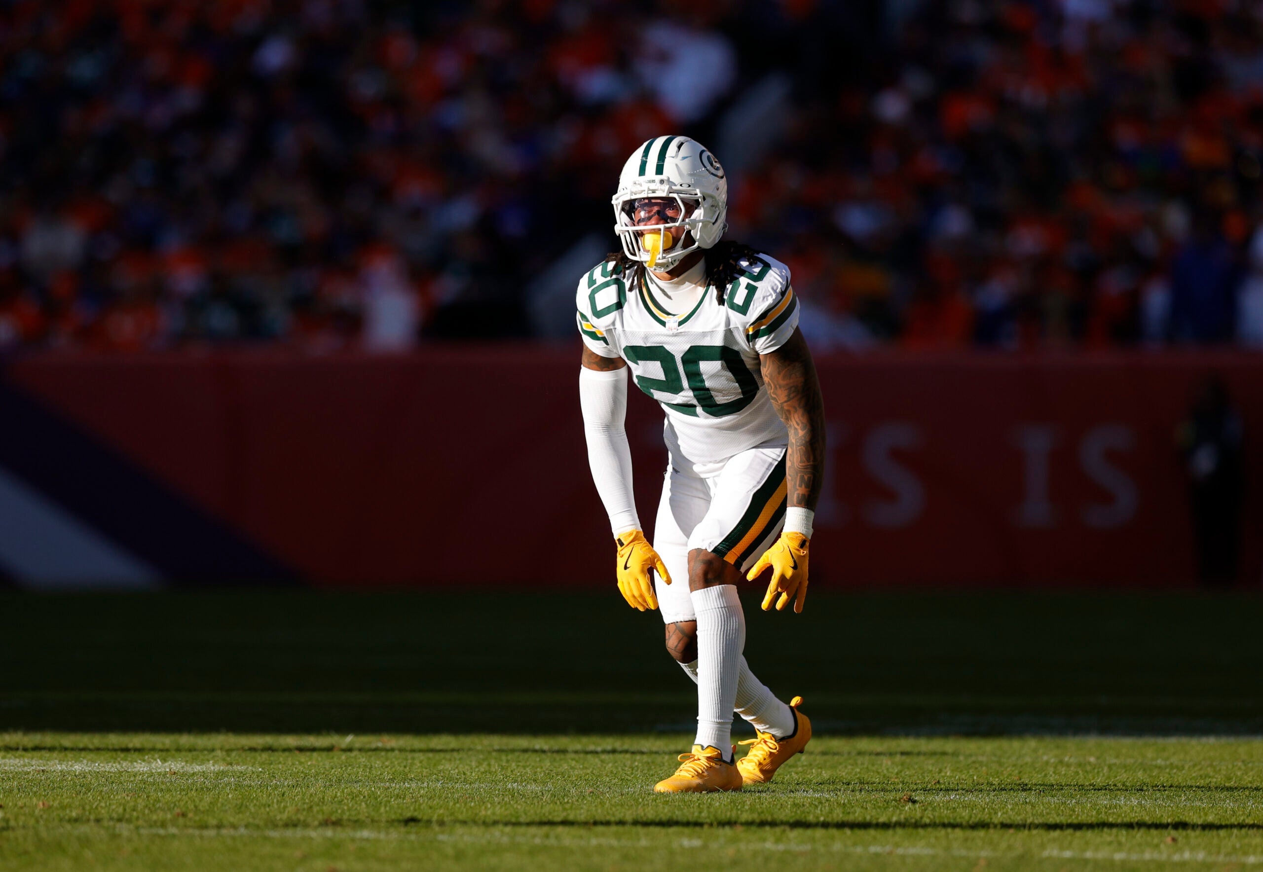 Dec 14, 2025; Denver, Colorado, USA; Green Bay Packers safety Javon Bullard (20) lines up on the line of scrimmage during the second quarter against the Denver Broncos at Empower Field at Mile High.