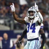 Dec 14, 2025; Arlington, Texas, USA; Dallas Cowboys cornerback Shavon Revel Jr. (34) celebrates after a play during the first half against the Minnesota Vikings at AT&T Stadium.