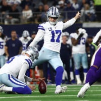 Dec 14, 2025; Arlington, Texas, USA; Dallas Cowboys place kicker Brandon Aubrey (17) kicks a field goal during the first half against the Minnesota Vikings at AT&T Stadium.