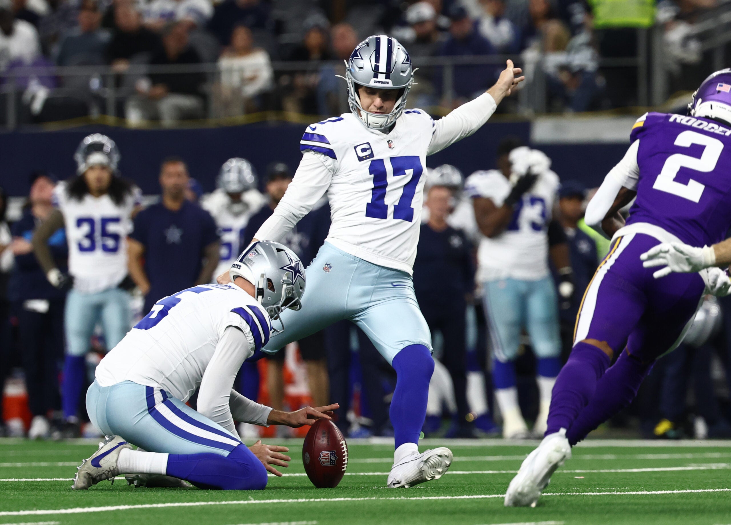Dec 14, 2025; Arlington, Texas, USA; Dallas Cowboys place kicker Brandon Aubrey (17) kicks a field goal during the first half against the Minnesota Vikings at AT&T Stadium.