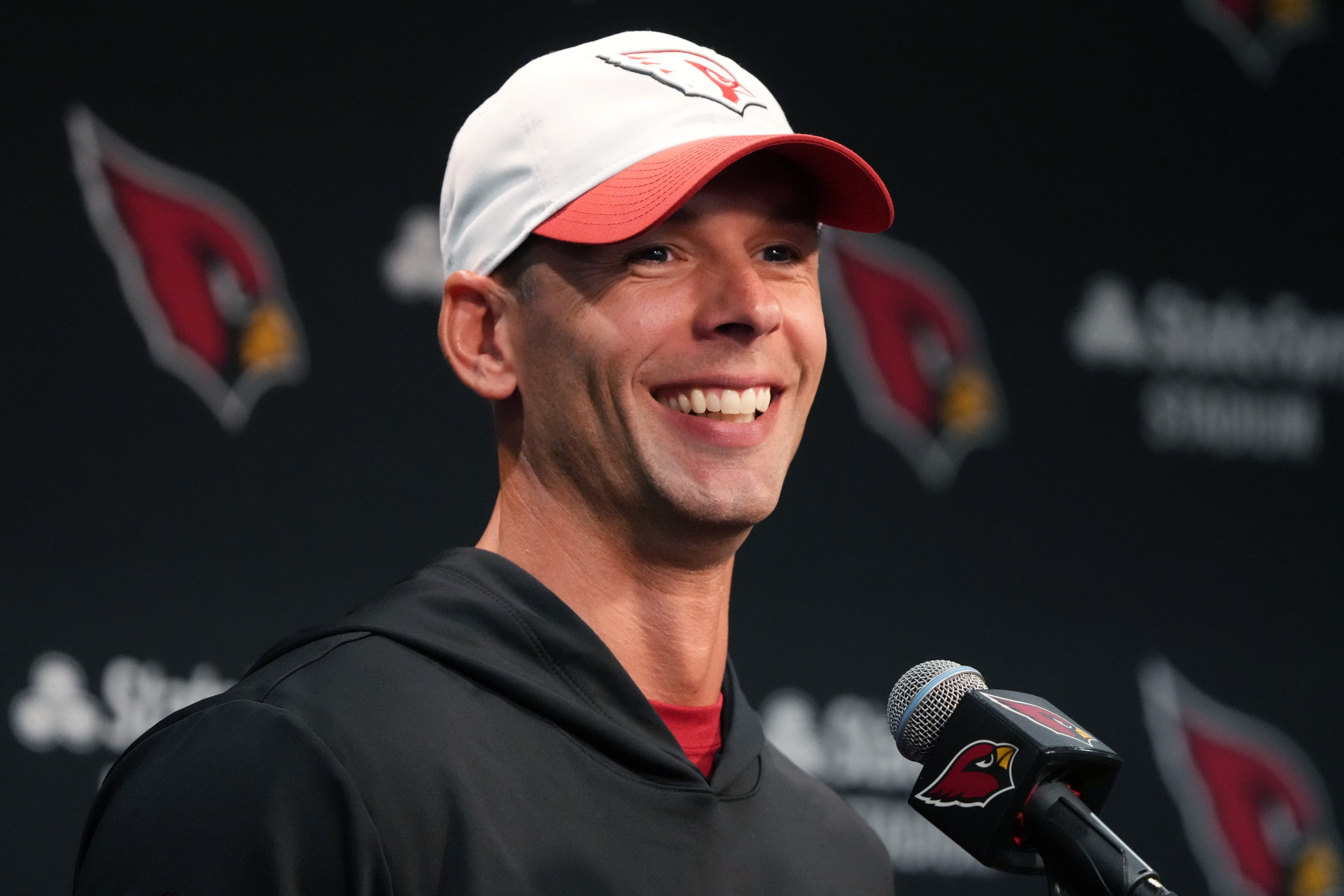 Arizona Cardinals head coach Jonathan Gannon addresses the media during a news conference at State Farm Stadium in Glendale on July 24, 2024.