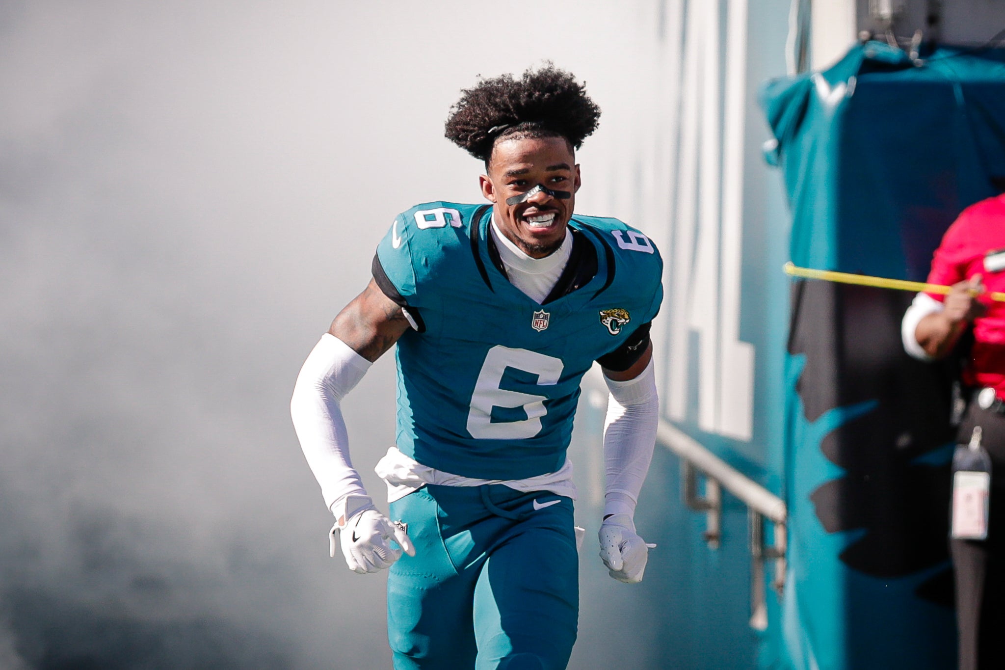 Dec 14, 2025; Jacksonville, Florida, USA;Jacksonville Jaguars cornerback Greg Newsome II (6) is introduced before the game against the New York Jets at EverBank Stadium.