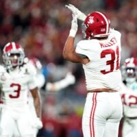 Alabama's Keon Keeley (31) celebrates a sack during the College Football Playoff game between the University of Oklahoma Sooners (OU) and the Alabama Crimson Tide at the Gaylord Family – Oklahoma Memorial Stadium in Norman, Okla., Friday Dec. 19, 2025.
