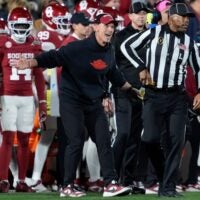 Oklahoma coach Brent Venables shouts at an official during a first-round College Football Playoff game between the University of Oklahoma Sooners (OU) and the Alabama Crimson Tide at Gaylord Family - Oklahoma Memorial Stadium in Norman, Okla., Friday, Dec. 19, 2025. Alabama won 34-24.