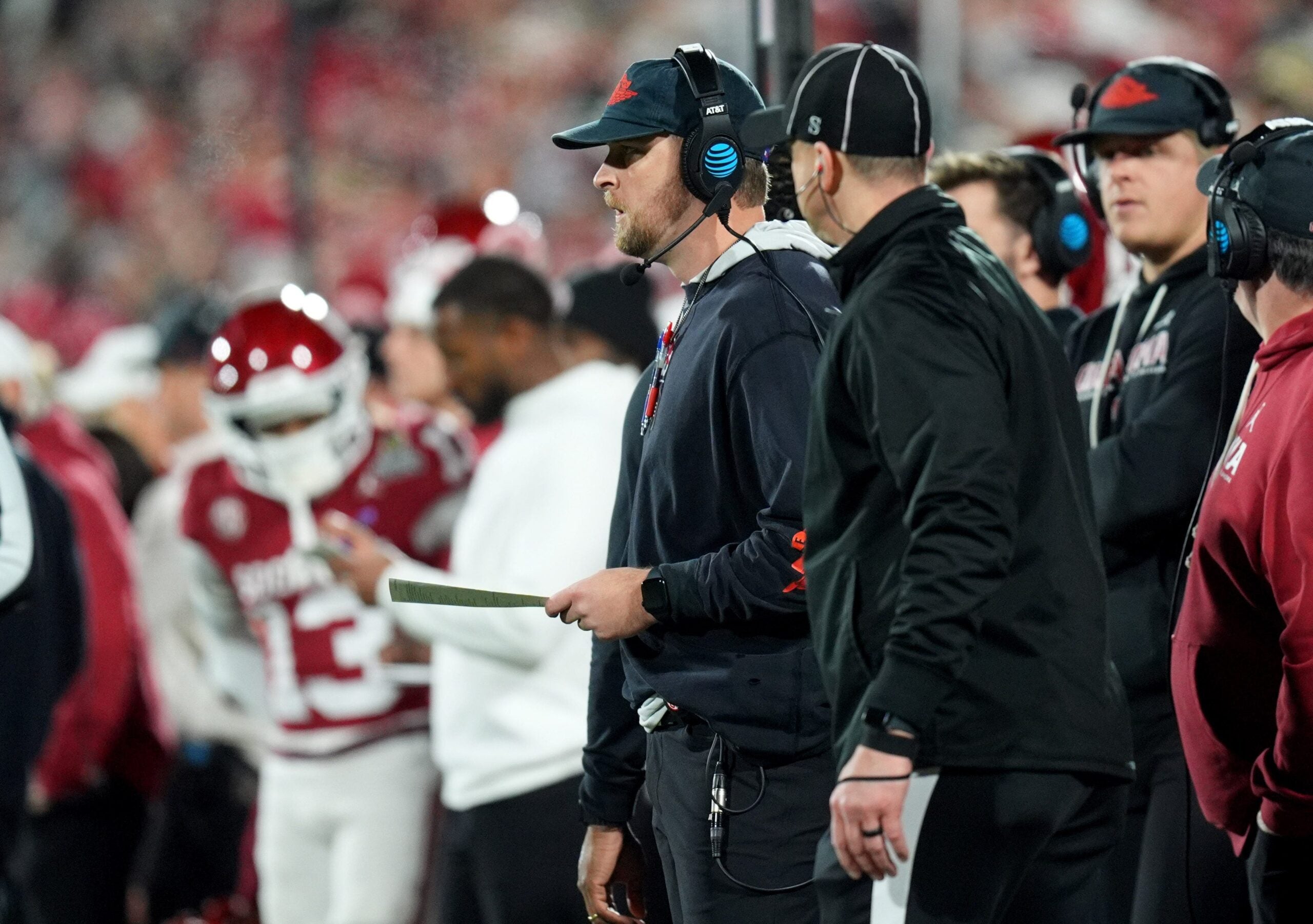 Oklahoma Offensive Coordinator / Quarterbacks coach Ben Arbuckle is pictured on the sidelines the second half of the College Football Playoff game between the University of Oklahoma Sooners (OU) and the Alabama Crimson Tide at the Gaylord Family - Oklahoma Memorial Stadium in Norman, Okla., Friday Dec. 19, 2025.