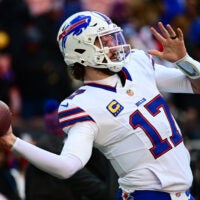 Dec 21, 2025; Cleveland, Ohio, USA; Buffalo Bills quarterback Josh Allen (17) warms up prior to a game against the Cleveland Browns at Huntington Bank Field.
