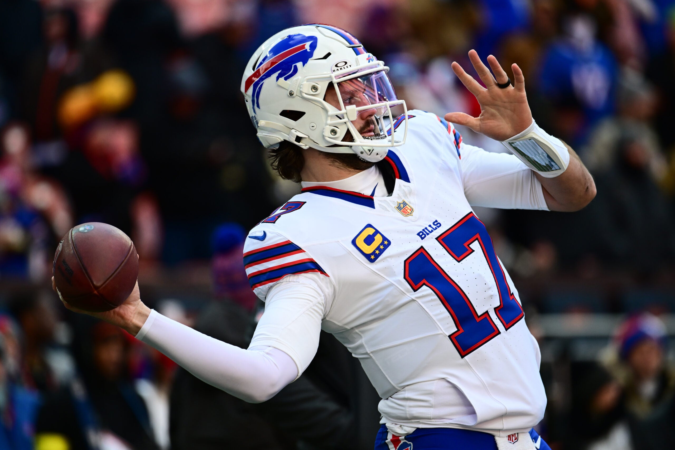 Dec 21, 2025; Cleveland, Ohio, USA; Buffalo Bills quarterback Josh Allen (17) warms up prior to a game against the Cleveland Browns at Huntington Bank Field.