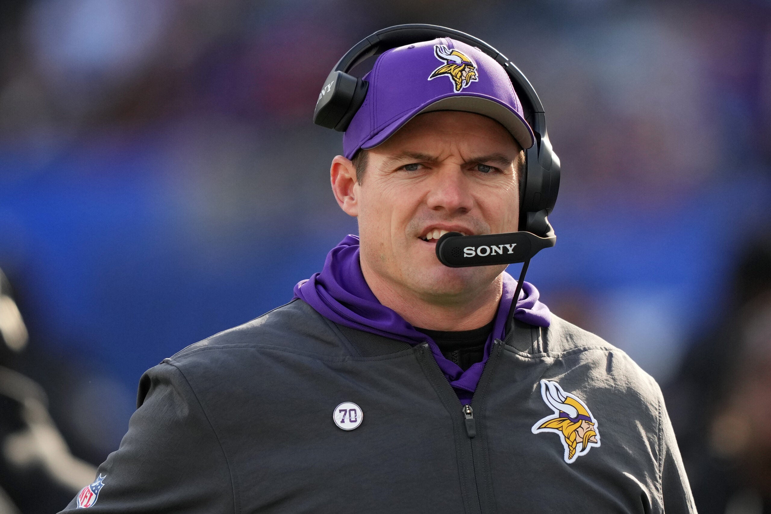 Dec 21, 2025; East Rutherford, New Jersey, USA; Minnesota Vikings head coach Kevin O'Connell during the first half at MetLife Stadium.