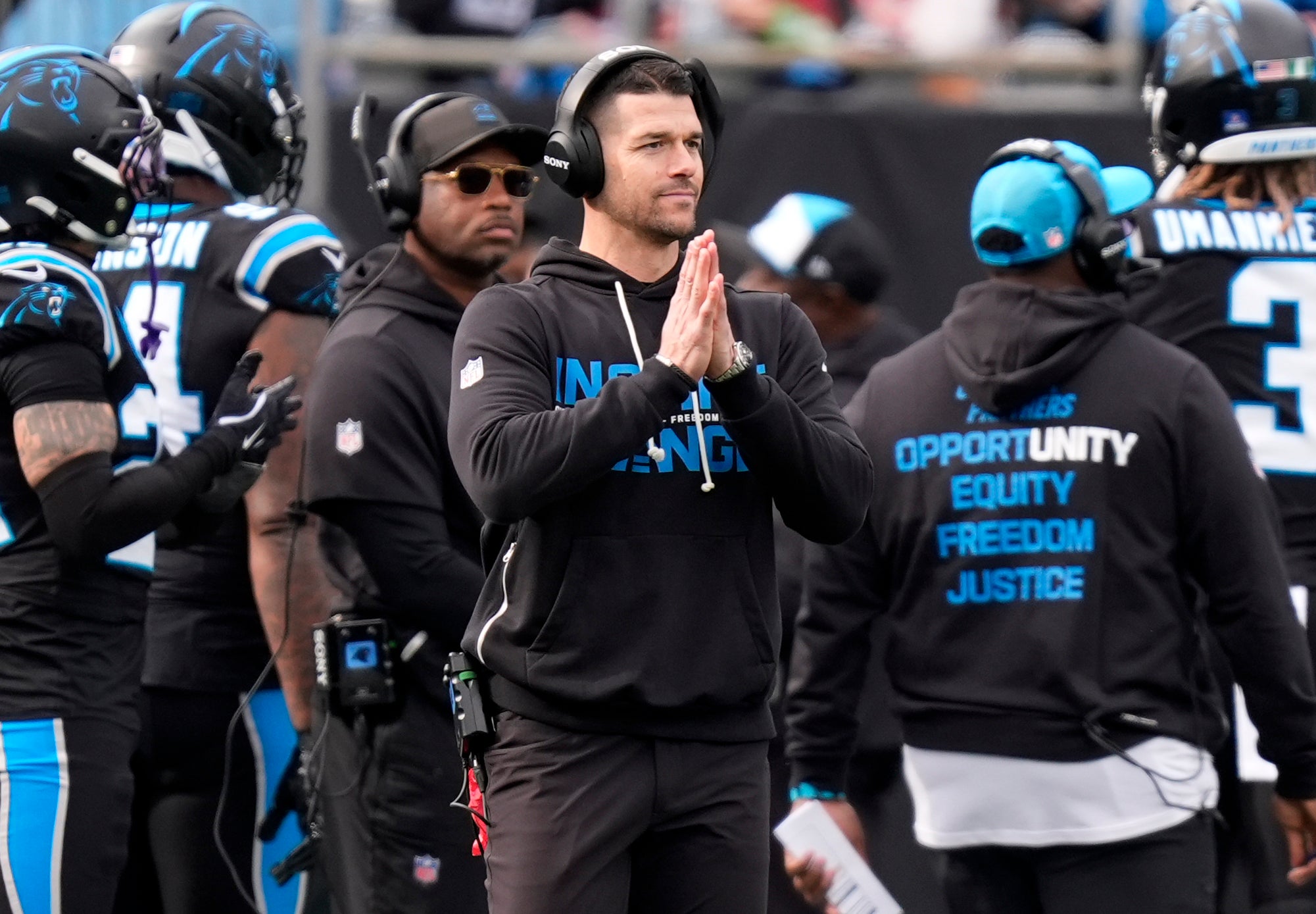 Dec 21, 2025; Charlotte, North Carolina, USA; Carolina Panthers head coach Dave Canales during the first half against the Tampa Bay Buccaneers at Bank of America Stadium.