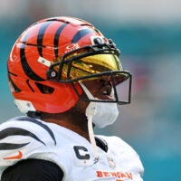 Dec 21, 2025; Miami Gardens, Florida, USA; Cincinnati Bengals wide receiver Ja'Marr Chase (1) warms up before the game against the Miami Dolphins at Hard Rock Stadium.