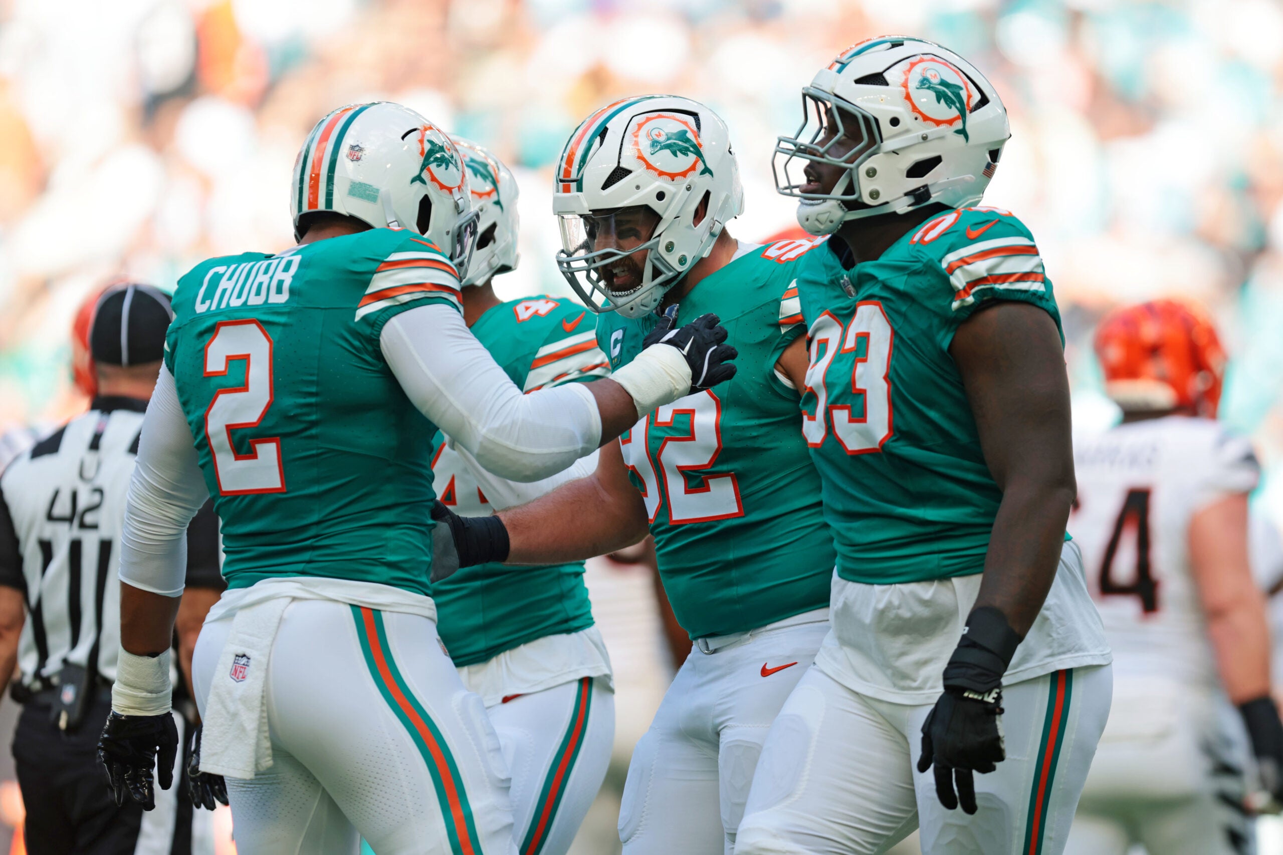 Dec 21, 2025; Miami Gardens, Florida, USA; Miami Dolphins linebacker Bradley Chubb (2) celebrates after sacking Cincinnati Bengals quarterback Joe Burrow (9) during the first quarter at Hard Rock Stadium.