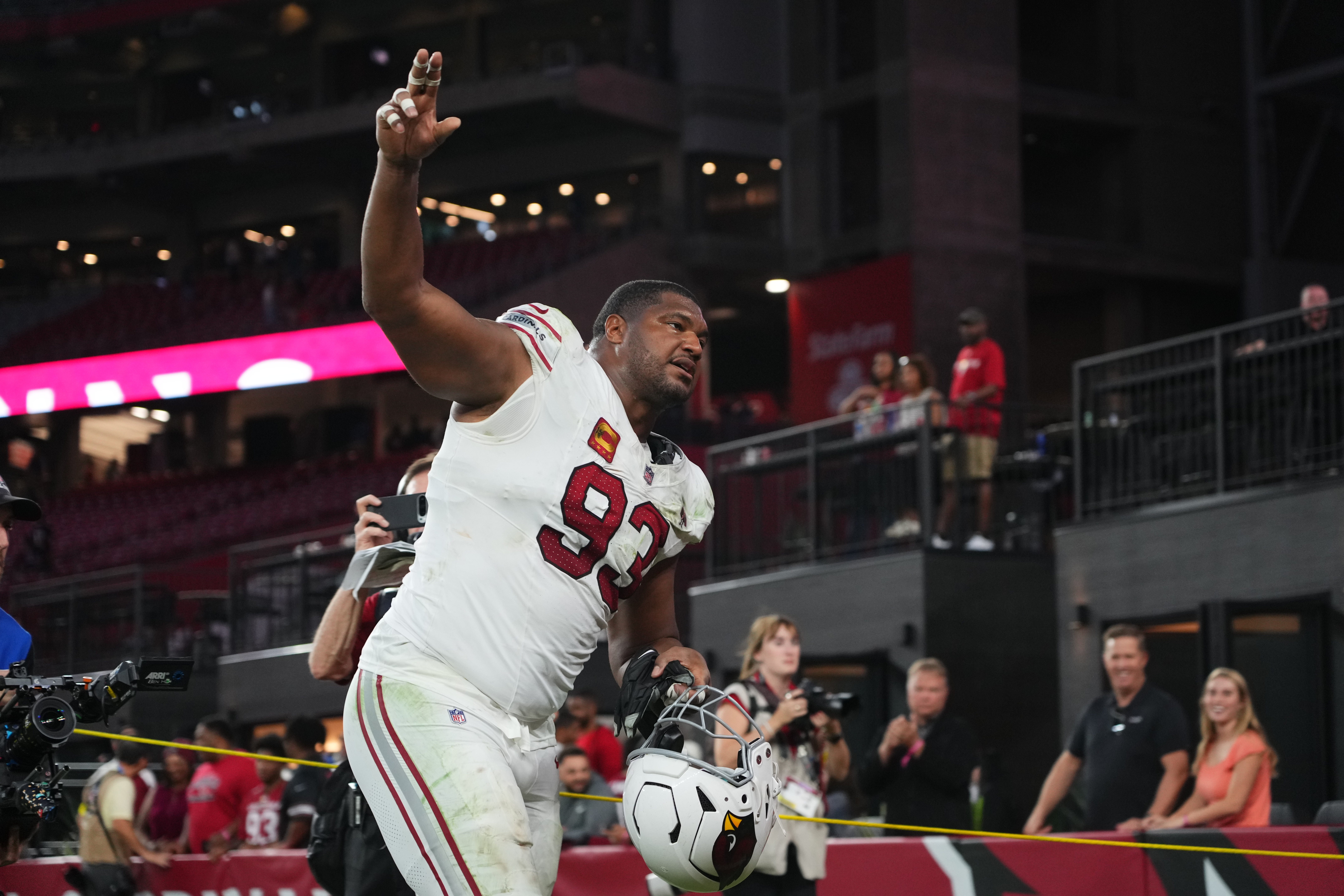 Dec 21, 2025; Glendale, Arizona, USA; Arizona Cardinals defensive tackle Calais Campbell (93) leaves the field following a game against the Atlanta Falcons at State Farm Stadium.