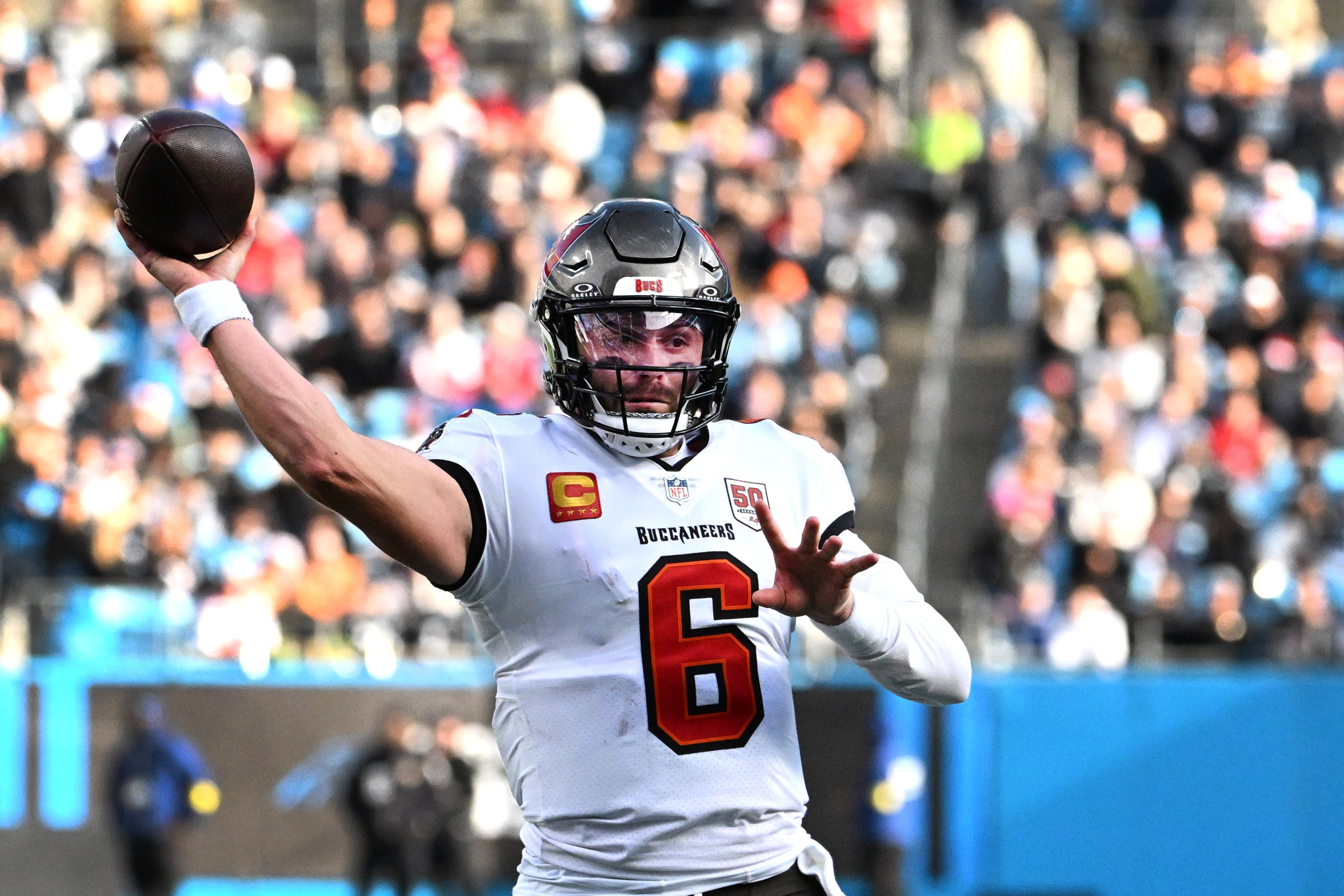 Dec 21, 2025; Charlotte, North Carolina, USA; Tampa Bay Buccaneers quarterback Baker Mayfield (6) passes the ball in the third quarter at Bank of America Stadium.