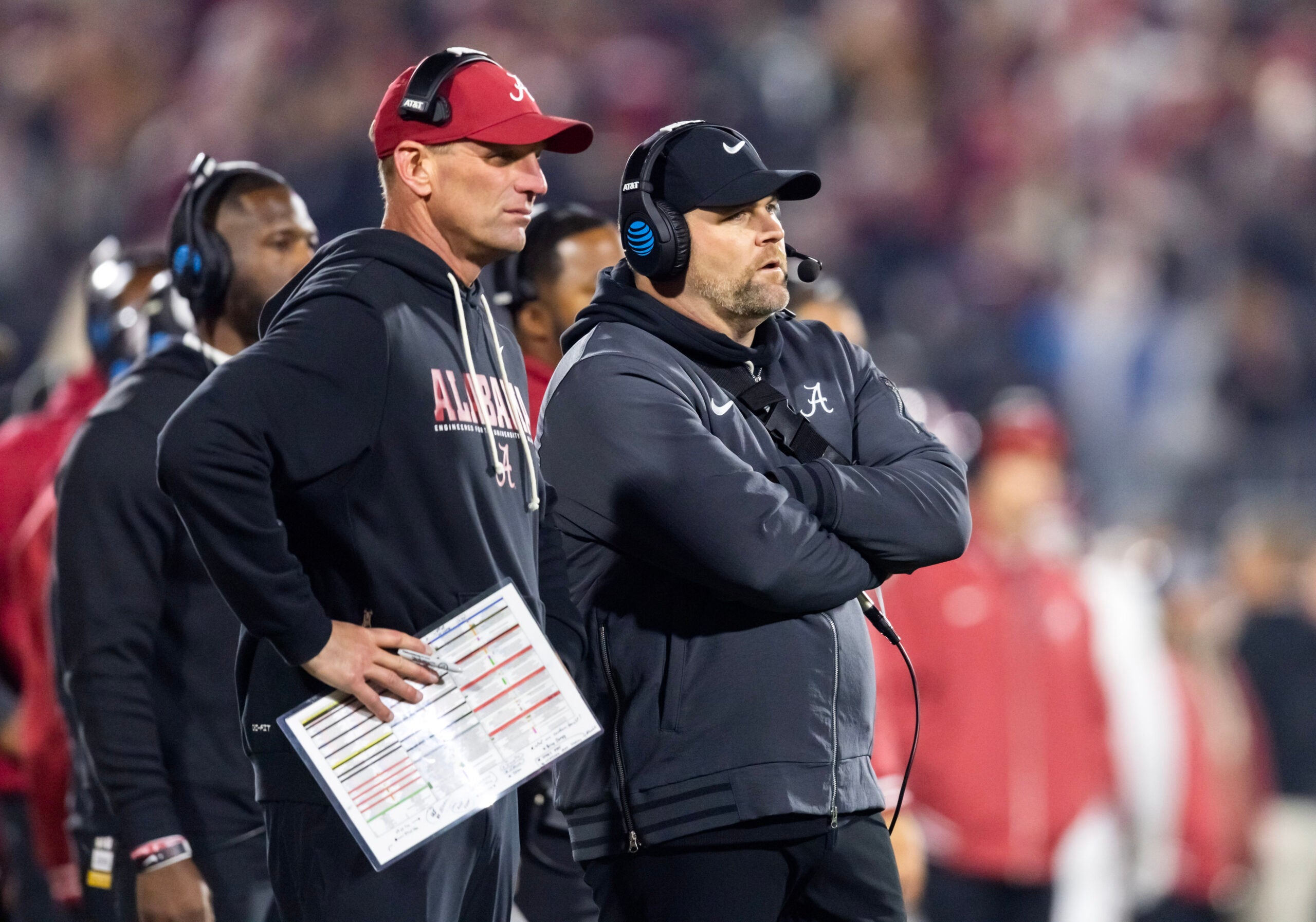 Dec 19, 2025; Norman, OK, USA; Alabama Crimson Tide head coach Kalen Deboer (left) and defensive coordinator Kane Wommack against the Oklahoma Sooners during the CFP National Playoff First Round at Gaylord Family Oklahoma Memorial Stadium.