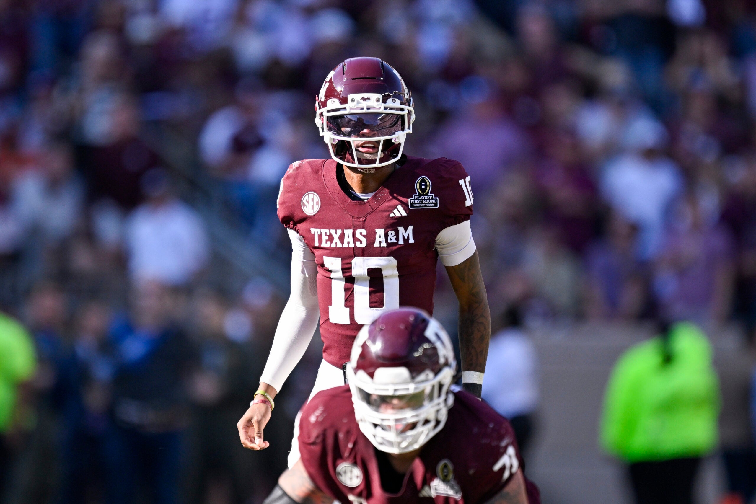 Dec 20, 2025; College Station, TX, USA; Texas A&M Aggies quarterback Marcel Reed (10) looks on during the game between the Aggies and the Hurricanes at Kyle Field.