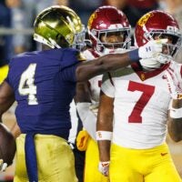 Notre Dame running back Jeremiyah Love (4) celebrates after getting a first down in the first half of a NCAA football game against Southern California at Notre Dame Stadium on Saturday, Oct. 18, 2025, in South Bend.