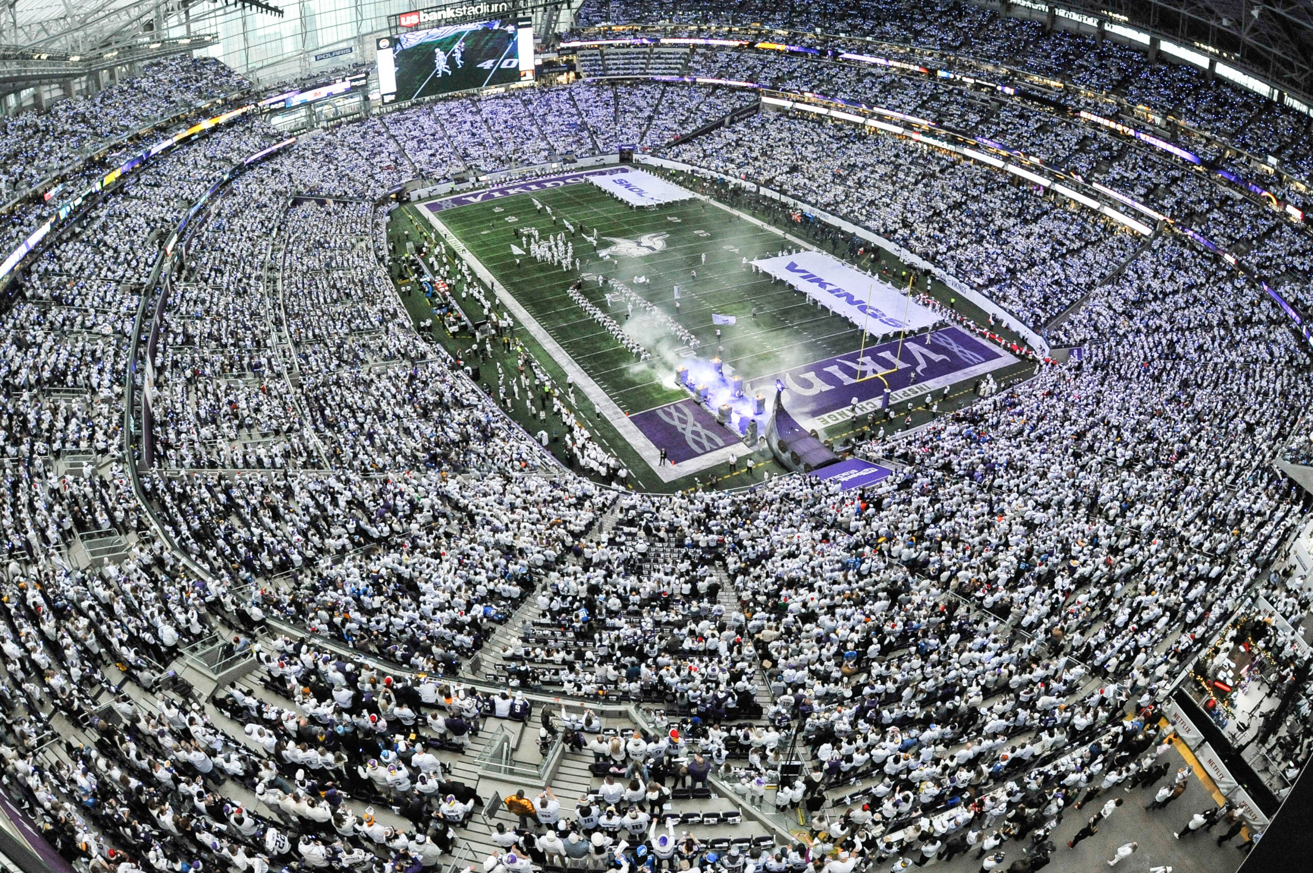 Dec 25, 2025; Minneapolis, Minnesota, USA; A general view inside the stadium during player introductions before the game between the Minnesota Vikings and the Detroit Lions at U.S. Bank Stadium.