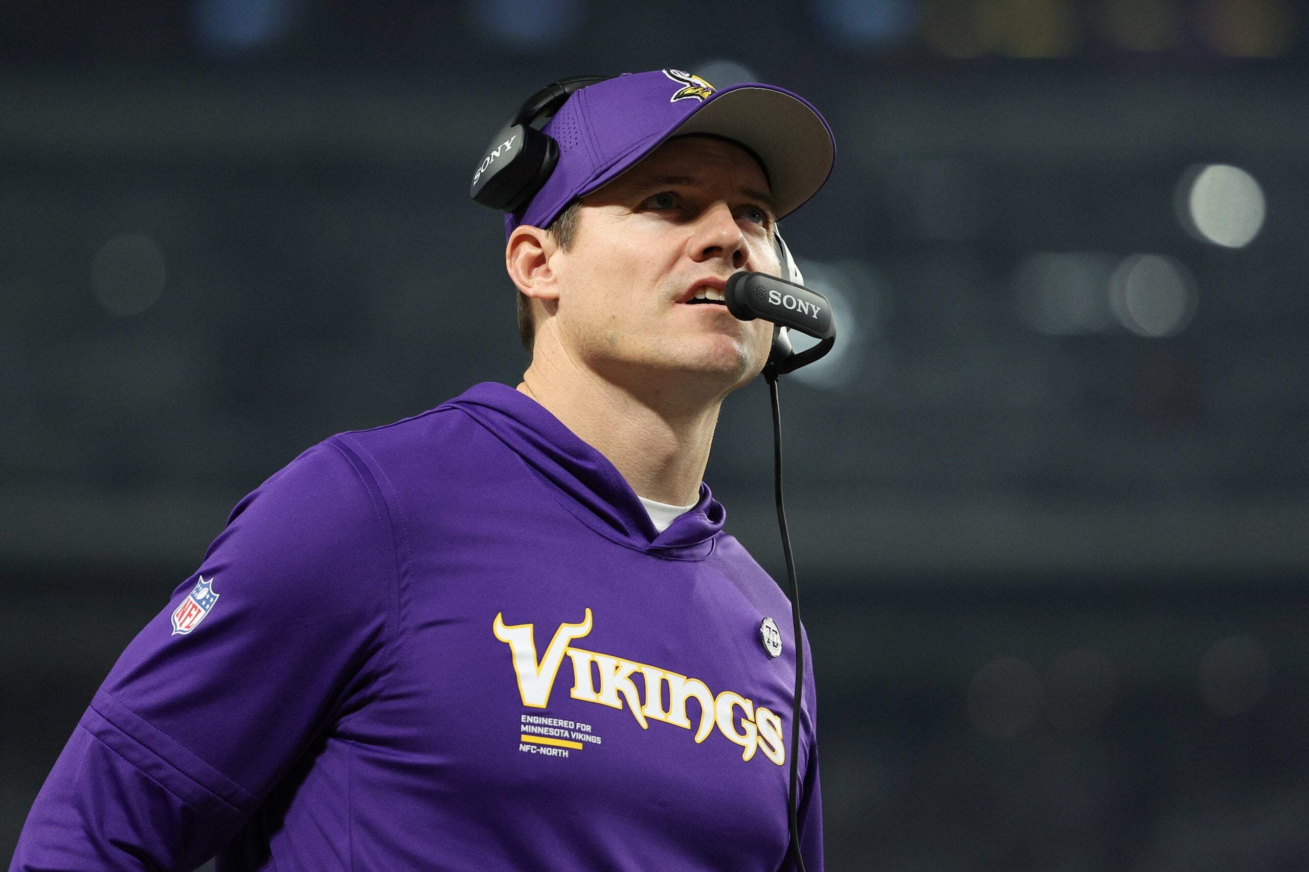 Dec 25, 2025; Minneapolis, Minnesota, USA; Minnesota Vikings head coach Kevin O'Connell looks on in the second quarter against the Detroit Lions at U.S. Bank Stadium.