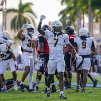 Dec 23, 2025; Boca Raton, FL, USA; Toledo Rockets safety Emmanuel McNeil-Warren (7) celebrates a third down stop against the Louisville Cardinals during the third quarter of the Boca Raton Bowl at Flagler CU Stadium. Mandatory Credit: Jeff Romance-Imagn Images
